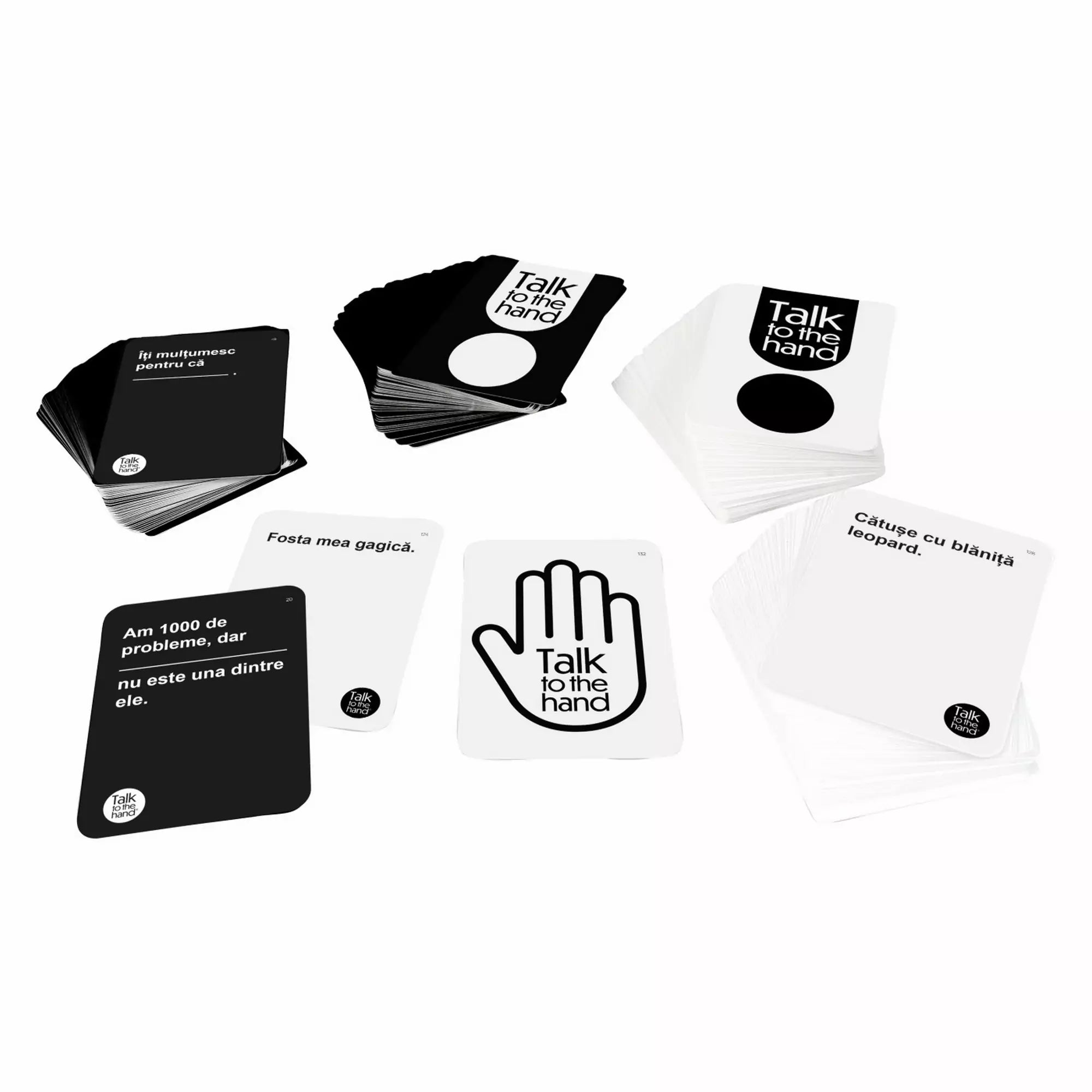 Talk to the Hand, felnőtteknek szóló partijáték – a fekete és fehér játékkártyák kiterítve az asztalon, jól látható szövegekkel és grafikával.