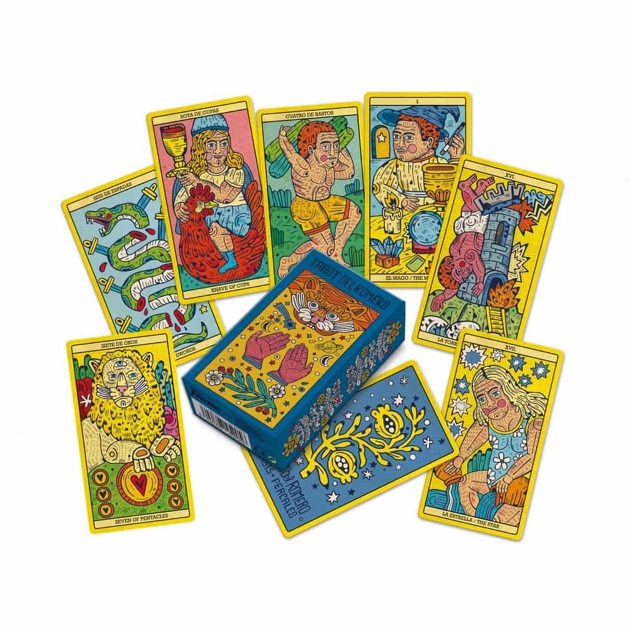 A képen a Tarot del Romero kártyapakli látható, amely színes, egyedi illusztrációkkal díszített tarotkártyákból áll. A kártyák élénk sárga, piros, kék és zöld színekkel készültek, és különféle szimbolikus alakokat és jeleneteket ábrázolnak. A doboz oldalát virágminták díszítik, közepén egy tigrisfej, két kéz és égi szimbólumok láthatók.