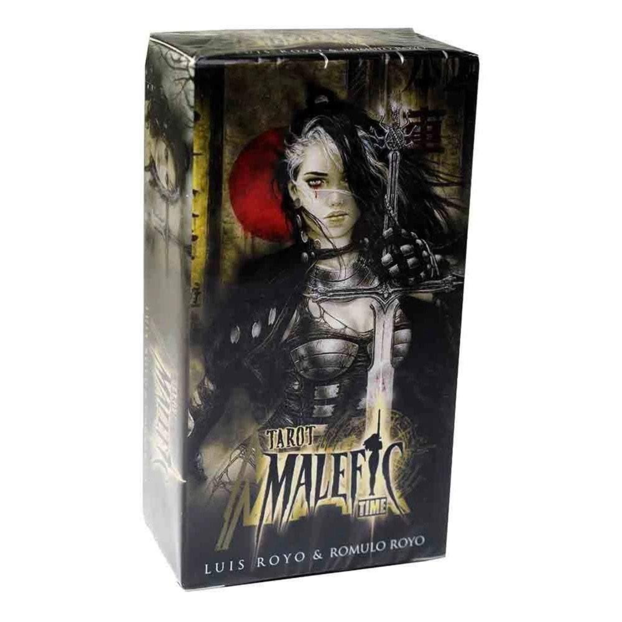 A képen a Tarot Malefic Time kártyacsomag látható, amelyet Luis Royo és Rómulo Royo alkottak meg. A dobozon egy sötét, harcias hangulatú női alak szerepel, kezében egy karddal, hátterében vörös napkoronggal. A művészi grafika erőteljes, misztikus világot idéz.