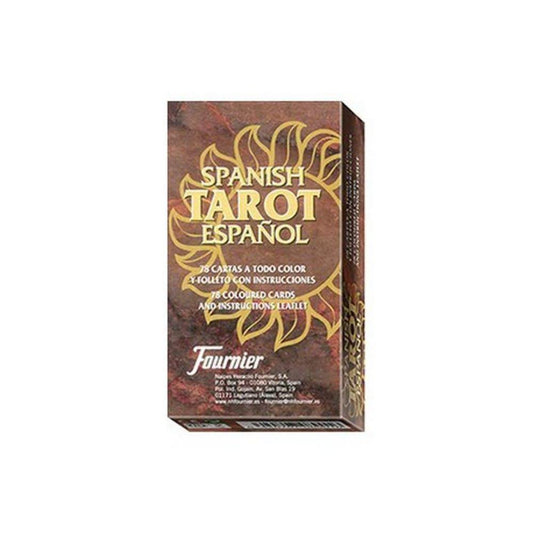 A képen a Spanish Tarot Español jóskártyapakli doboza látható. A csomagolás sötétbarna alapszínű, arany színnel kiemelt feliratokkal és egy stilizált napmotívummal díszített. A doboz elölről olvasható információi szerint a pakli 78 színes kártyalapot és egy utasításfüzetet tartalmaz, spanyol és angol nyelven. A bal alsó sarokban jól látható a Fournier márkajelzés, amely a spanyolországi Vitoriában működő neves kártyagyártóra utal. 