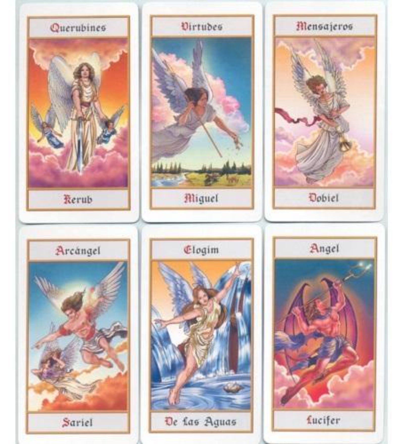 A képen a The Angel Tarot kártyacsomag néhány lapja látható, amelyek mindegyike különböző angyali lényt ábrázol. A kártyák színes, részletgazdag illusztrációi égi jeleneteket és angyalokat mutatnak be, például Kerubot, Mihályt, Dobielt és Sarielt. Minden lap tetején spanyol nyelvű felirat jelzi az angyali rendet (pl. "Querubines", "Virtudes"), az alján pedig az adott angyal neve olvasható. Az egyik lapon Lucifer is megjelenik vörös színekkel és dinamizmussal.
