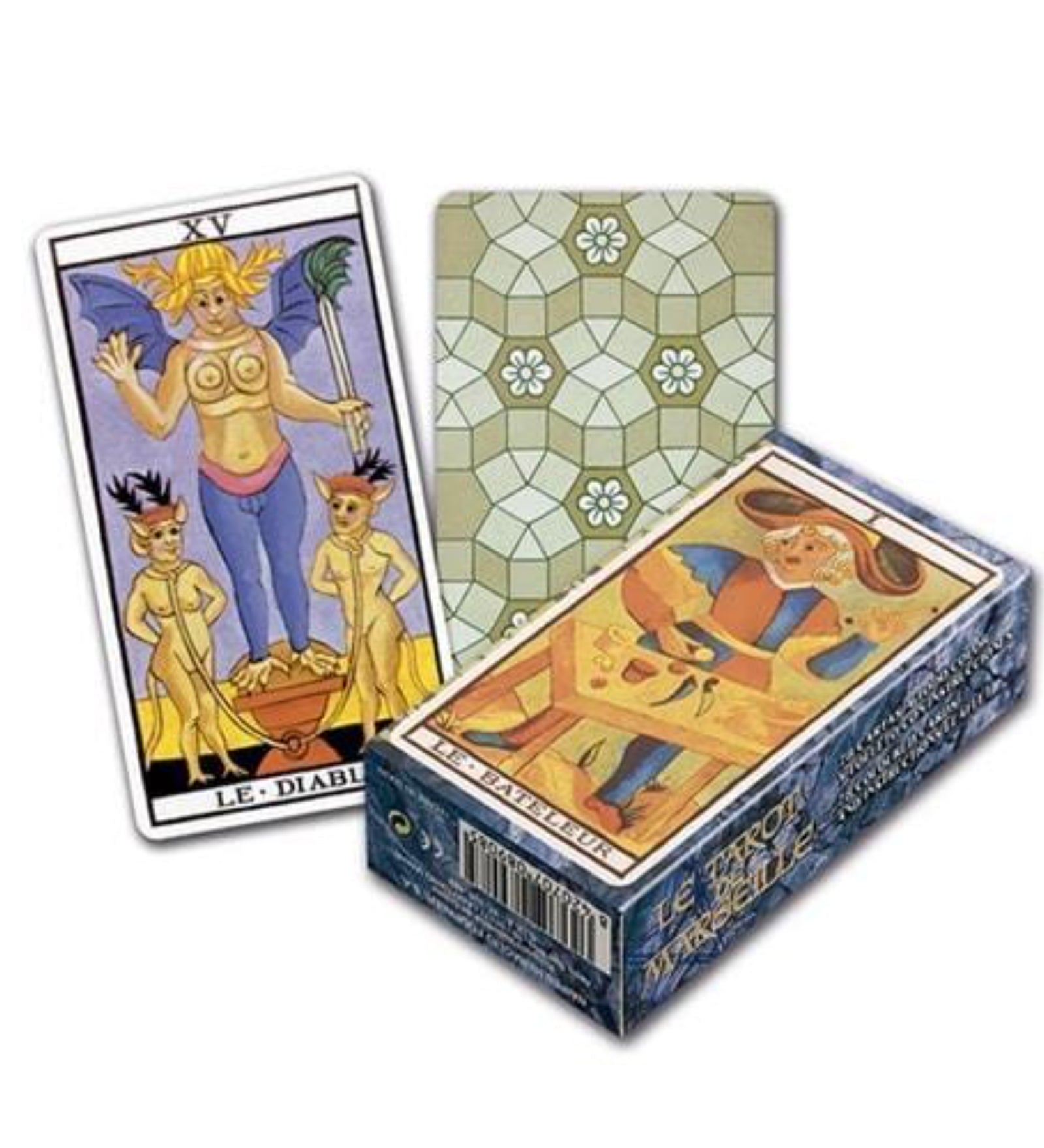 A képen a klasszikus Tarot de Marseille egyik paklija látható. Az előtérben két kártya: az egyik a „Le Diable” (A Sátán) lap, amely egy szárnyas, meztelen figurát ábrázol két láncra vert démoni lénnyel, a másik a „Le Bateleur” (A Mágus), mely egy asztal mögött álló alakot mutat, aki mágikus eszközökkel dolgozik. A hátlapon geometrikus, virágmintás zöld-fehér motívum látható. A doboz oldalán a pakli neve francia nyelven olvasható, a stílus pedig hű marad a 18. századi Marseille-i tarot hagyományaihoz.