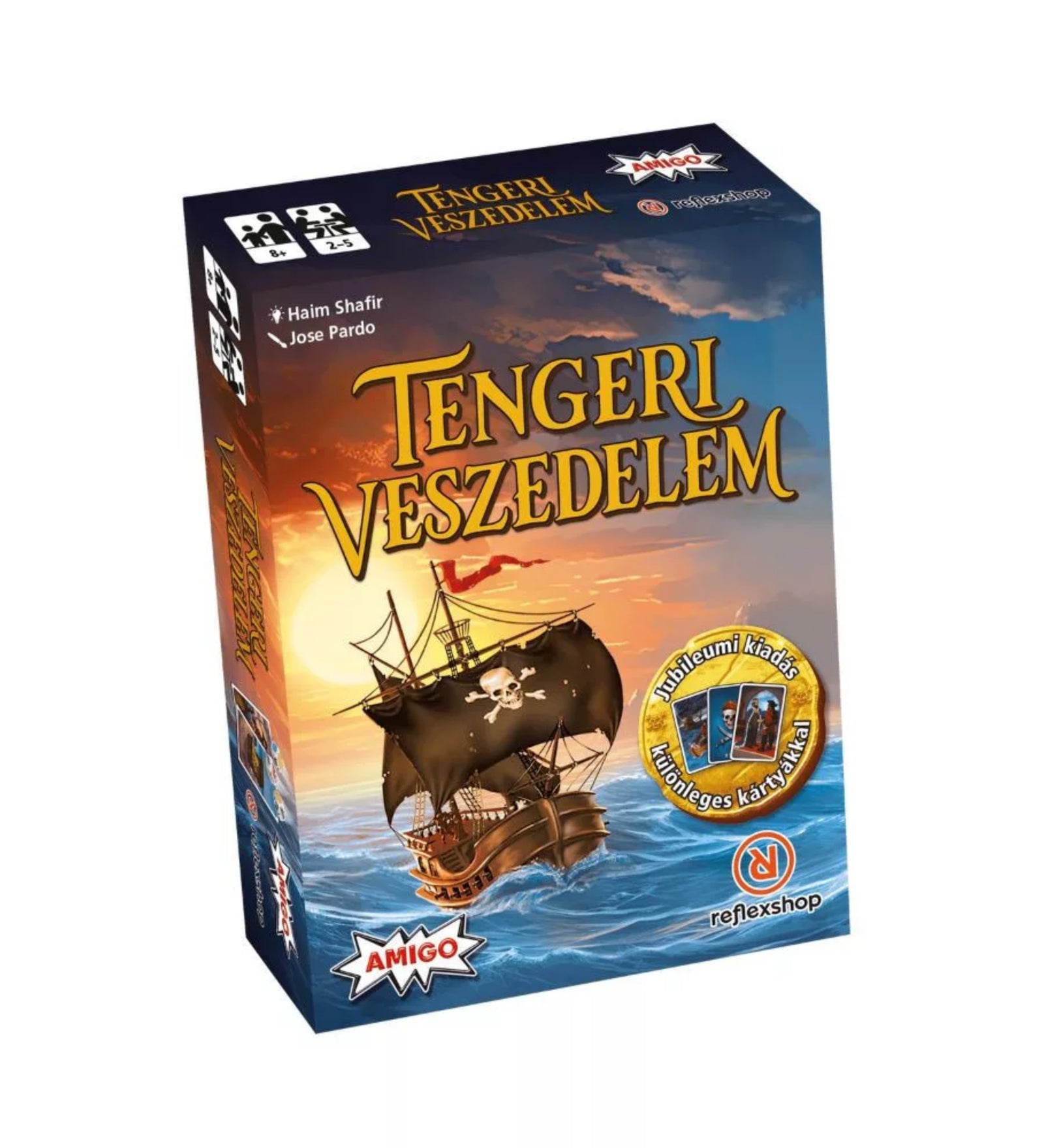 Tengeri Veszedelem társasjáték doboza elölnézetből, kalózhajóval a viharos tengeren, koponyás vitorlával, AMIGO és Reflexshop logóval.