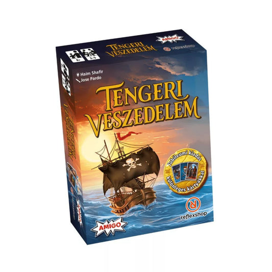 Tengeri Veszedelem társasjáték doboza elölnézetből, kalózhajóval a viharos tengeren, koponyás vitorlával, AMIGO és Reflexshop logóval.