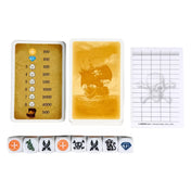 Tengeri Veszedelem társasjáték pontozó- és segédkártyái arany színű hajóillusztrációval, hátoldalas paklival és feliratos értéktáblázattal.