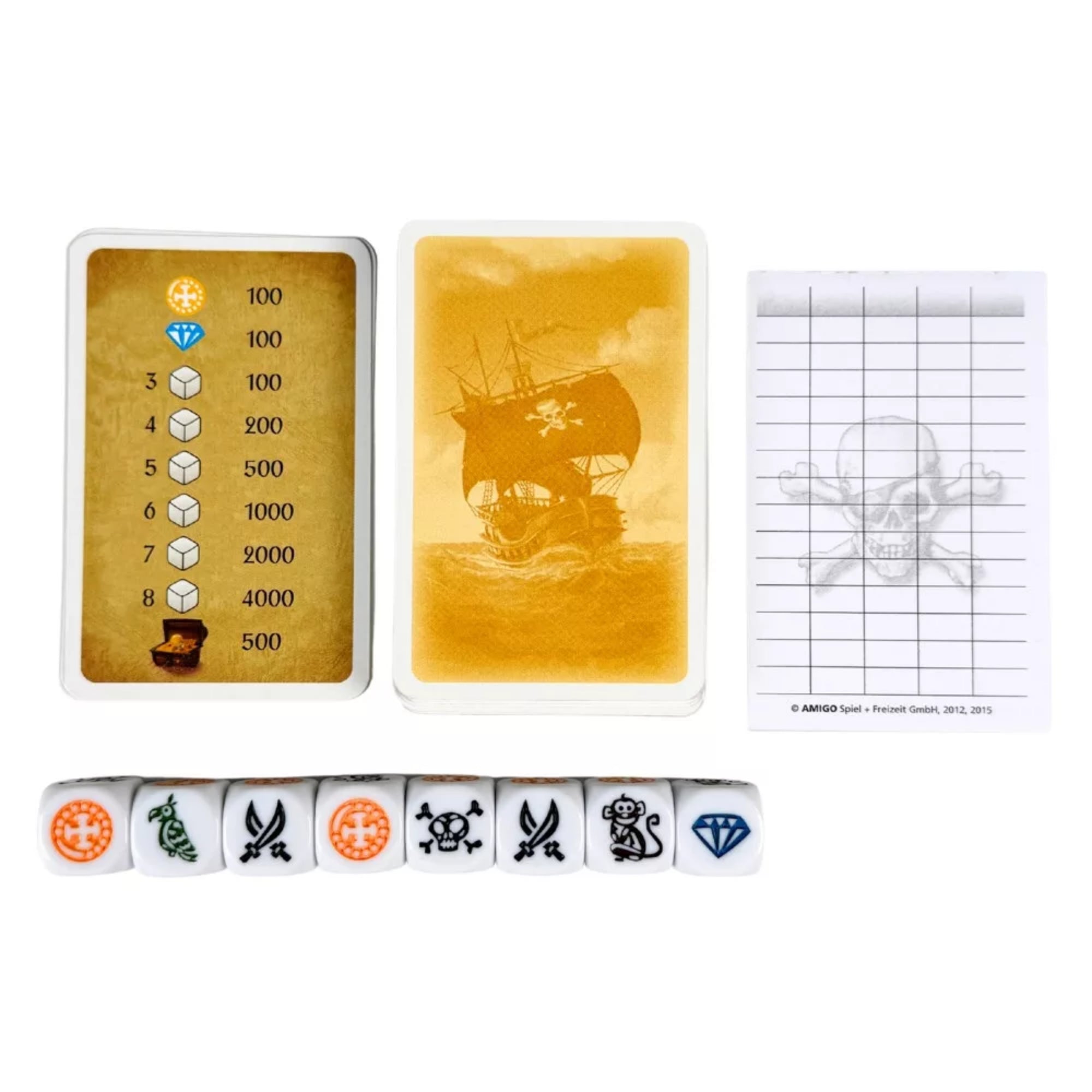 Tengeri Veszedelem társasjáték pontozó- és segédkártyái arany színű hajóillusztrációval, hátoldalas paklival és feliratos értéktáblázattal.