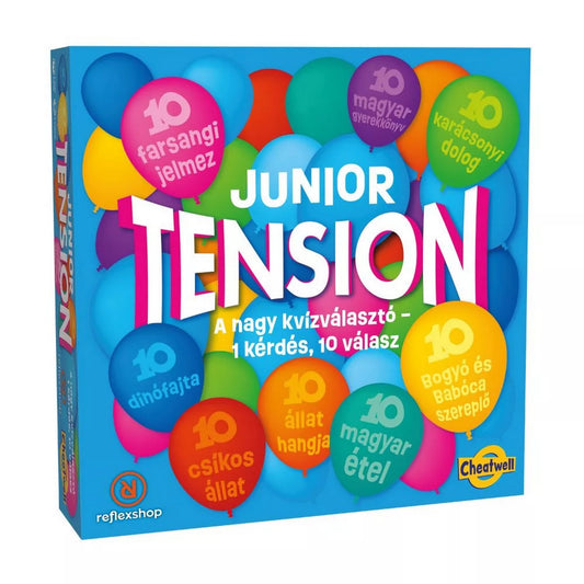 Junior Tension társasjáték dobozának előlapja színes lufis grafikával, kategóriákat bemutató feliratokkal és vidám dizájnnal