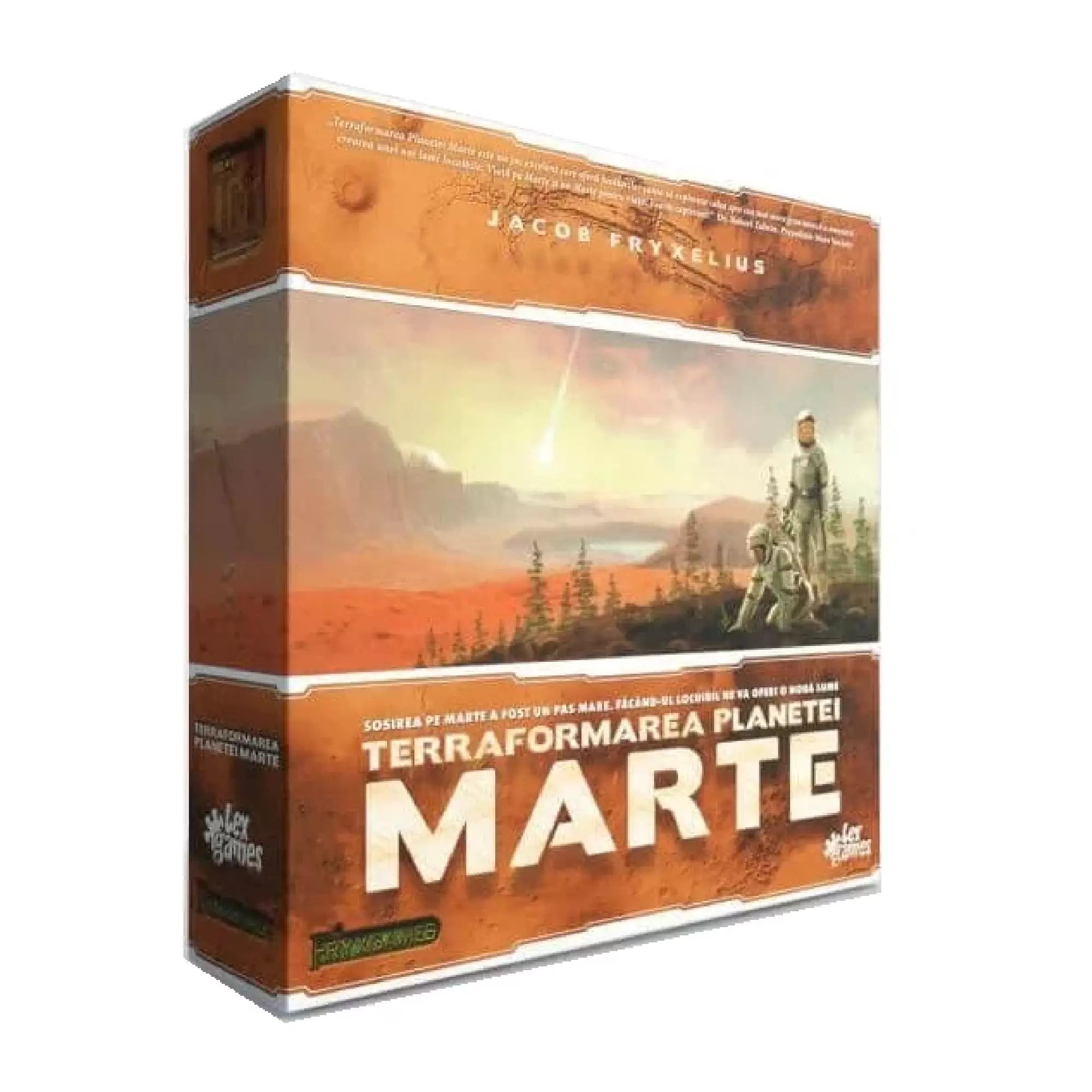 A képen a "Terraformarea Planetei Marte" társasjáték doboza látható, amely a Mars bolygó terraformálásáról szóló izgalmas játékot tartalmaz.