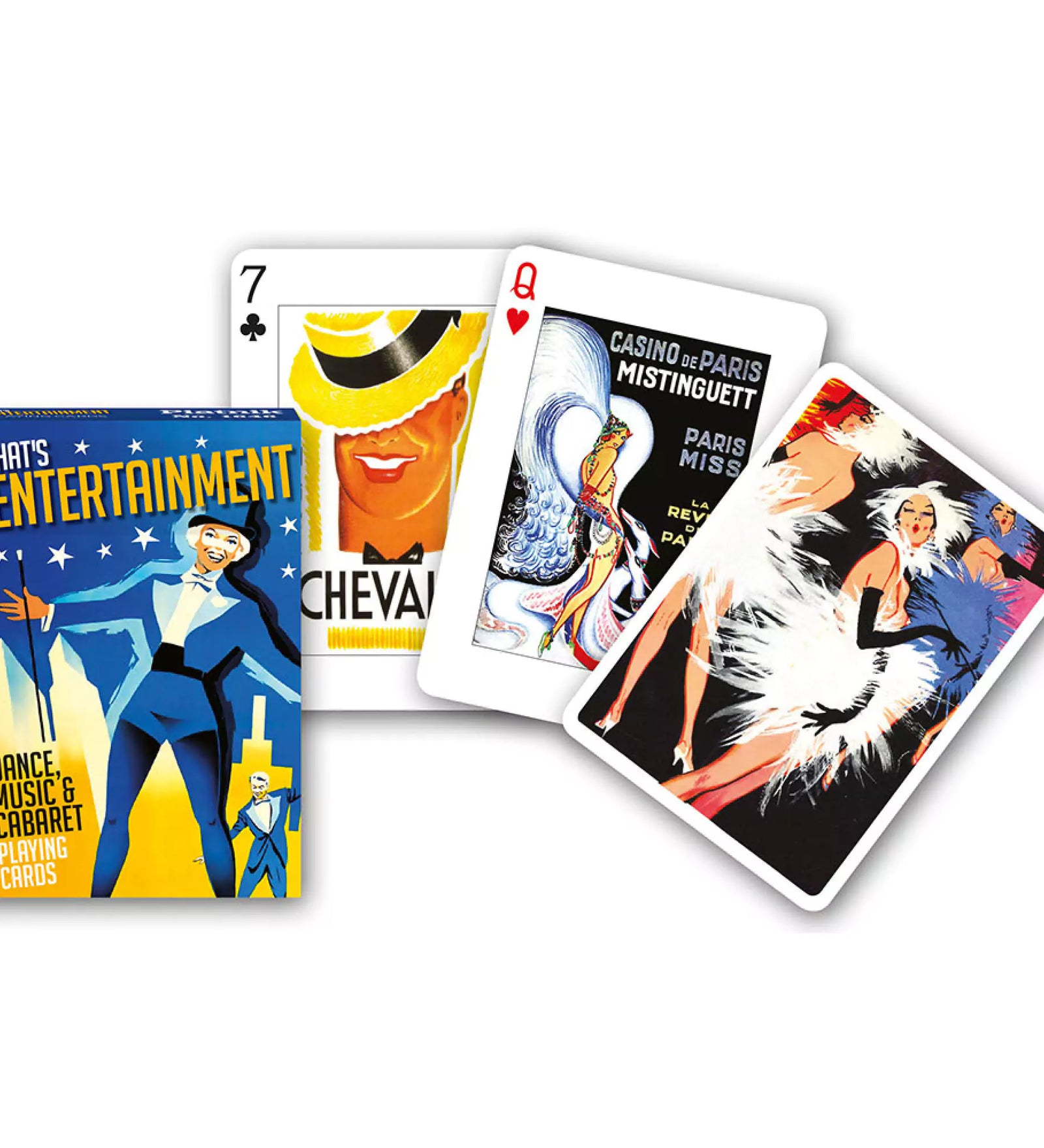 That's Entertainment – Dance, Music & Cabaret kártyacsomag doboza és három színes játékkártya kabaré témájú vintage plakátokkal.
