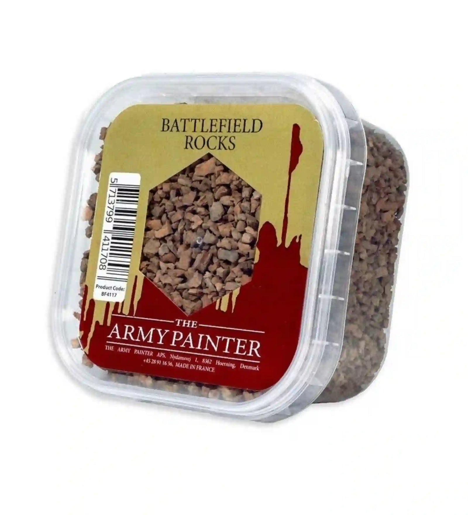 The Army Painter Battlefield Rocks termék doboz, átlátszó műanyag tárolóban parafa kövekkel, modellezéshez és terepasztal építéshez.