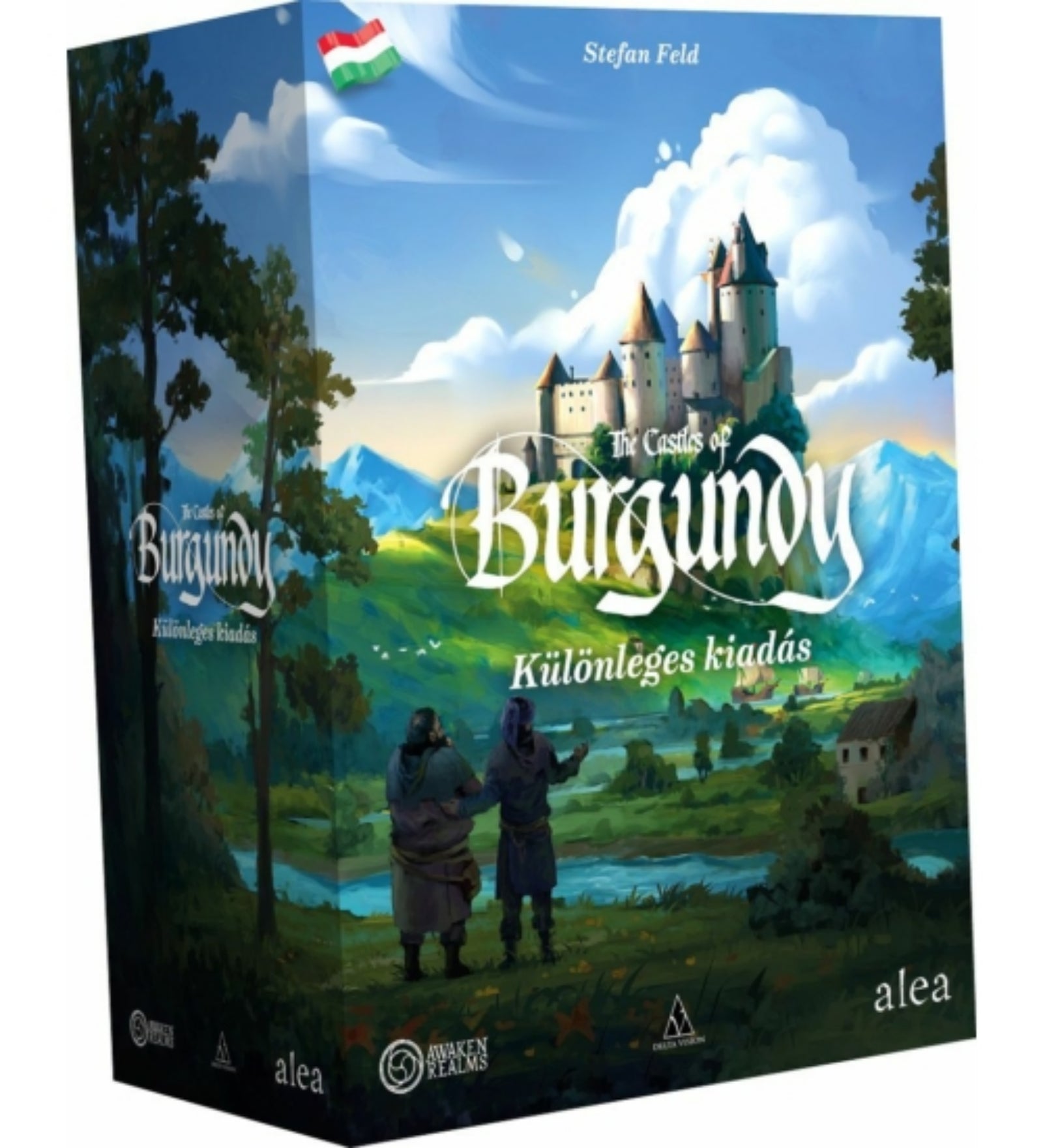 The Castles of Burgundy – Különleges kiadás társasjáték doboza festői borítóval, várkastéllyal és hegyvidéki tájjal.
