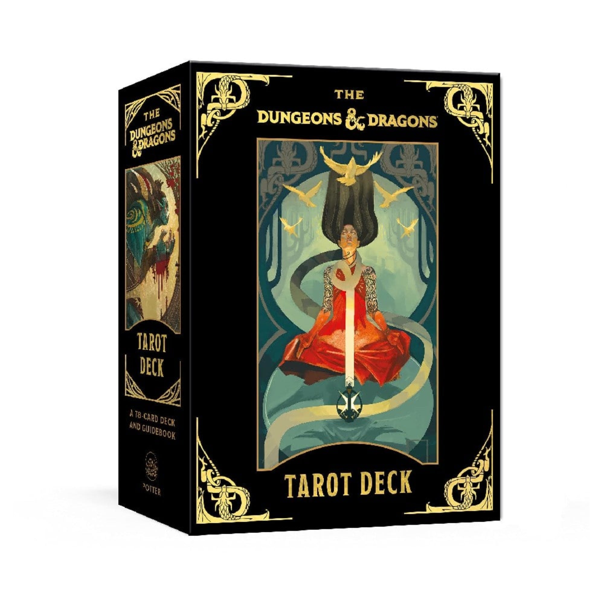 A képen a The Dungeons & Dragons Tarot Deck különleges, fantáziavilágba illő csomagolása látható. A fekete alapszínű, aranydíszítéses doboz eleganciát sugároz, miközben tökéletesen visszaadja a D&D világának misztikus hangulatát. A doboz elején egy lenyűgöző illusztráció szerepel: egy vörös ruhás alak meditációs pózban lebeg, körülötte madarak és mágikus szalagok, míg a háttérben varázslatos erdő tárul elénk. 