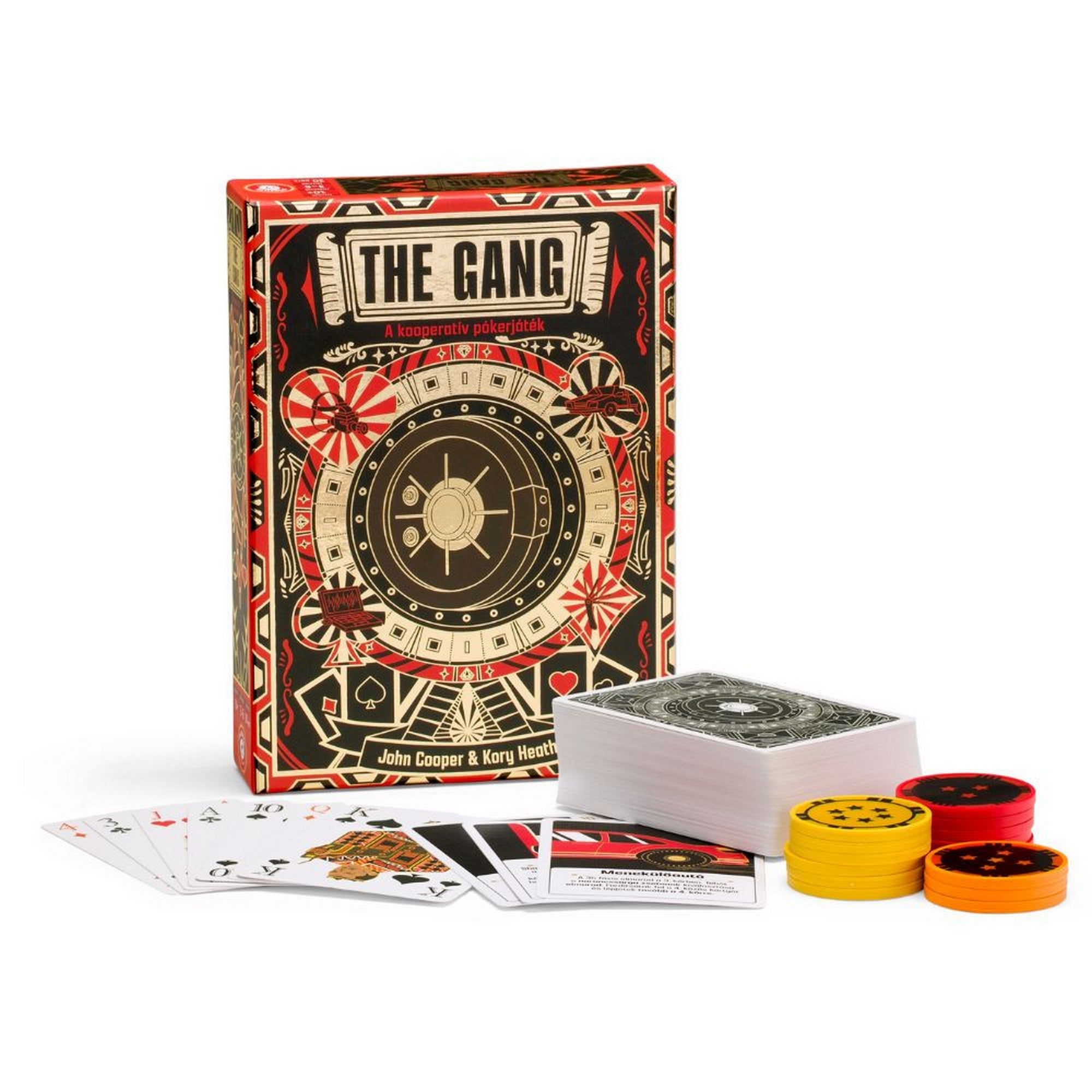 The Gang kooperatív pókerjáték teljes tartalma: doboz, pakli kártyák, pókerzsetonok és játékelemek fehér háttéren.