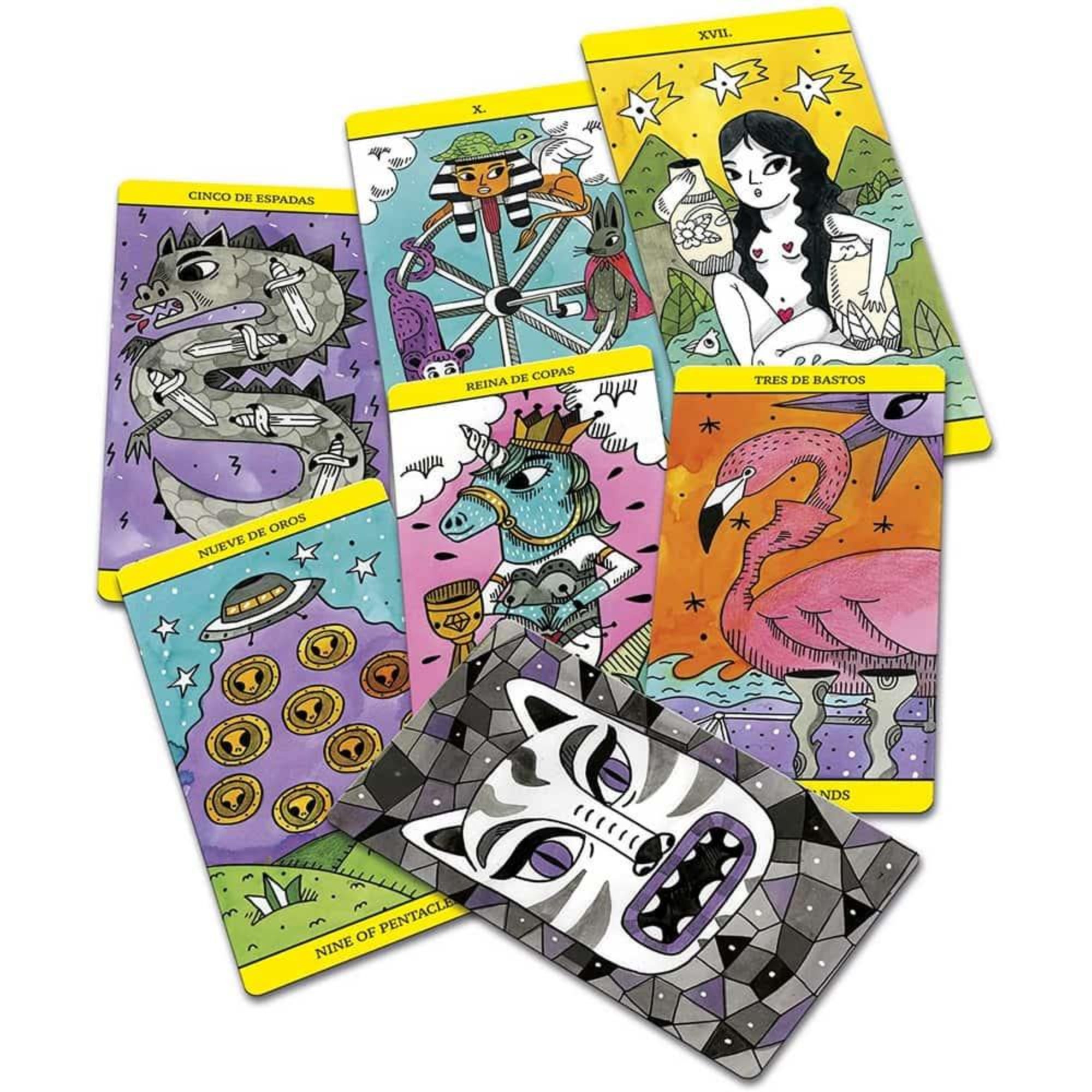 A képen a "The Magic Tarot" színes és modern stílusú tarotkártyái láthatók, amelyek játékos, kreatív illusztrációkkal ábrázolják a különböző lapokat.