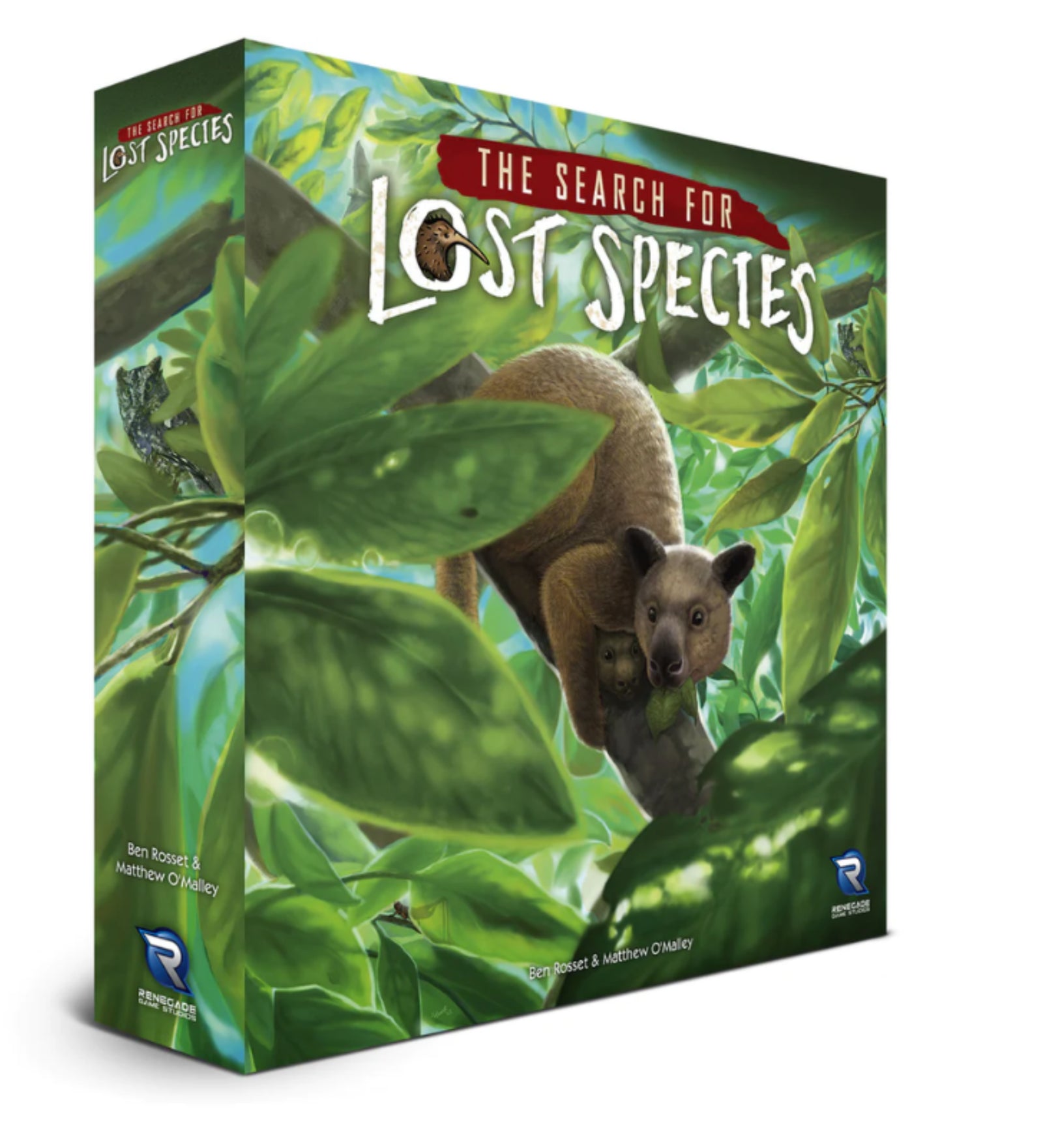 A képen a "The Search for Lost Species" társasjáték doboza látható. A doboz borítóján egy trópusi táj jelenik meg, ahol egy koalához hasonló állat látható, miközben egy másik példányt tart a fák között.