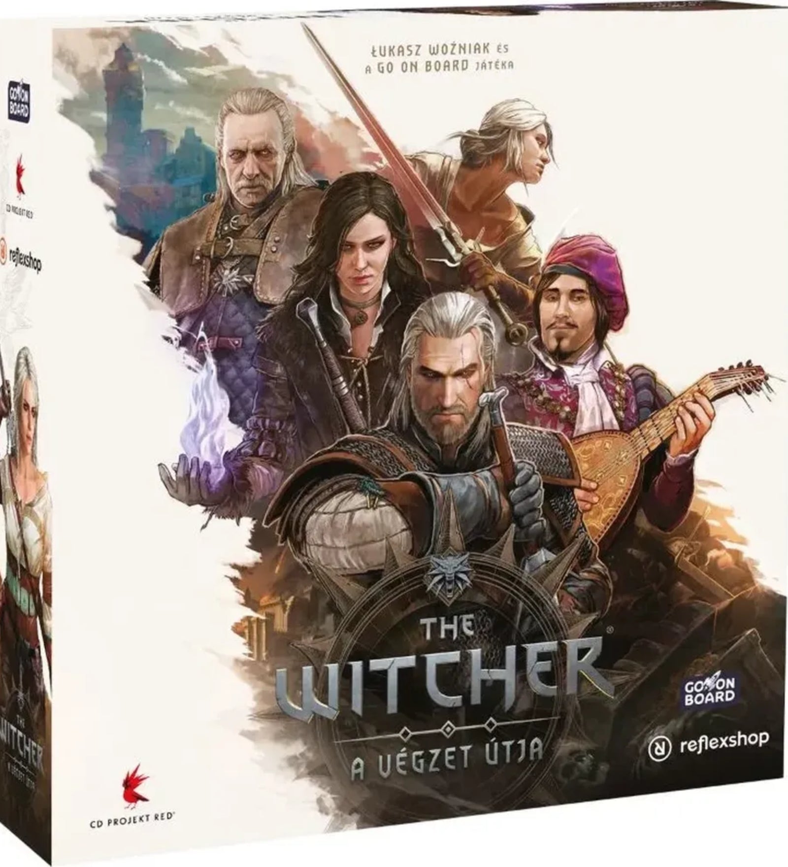 A The Witcher: A végzet útja társasjáték doboza, amelyen Geralt, Yennefer, Ciri, Vesemir és Dandelion látható látványos illusztráción.