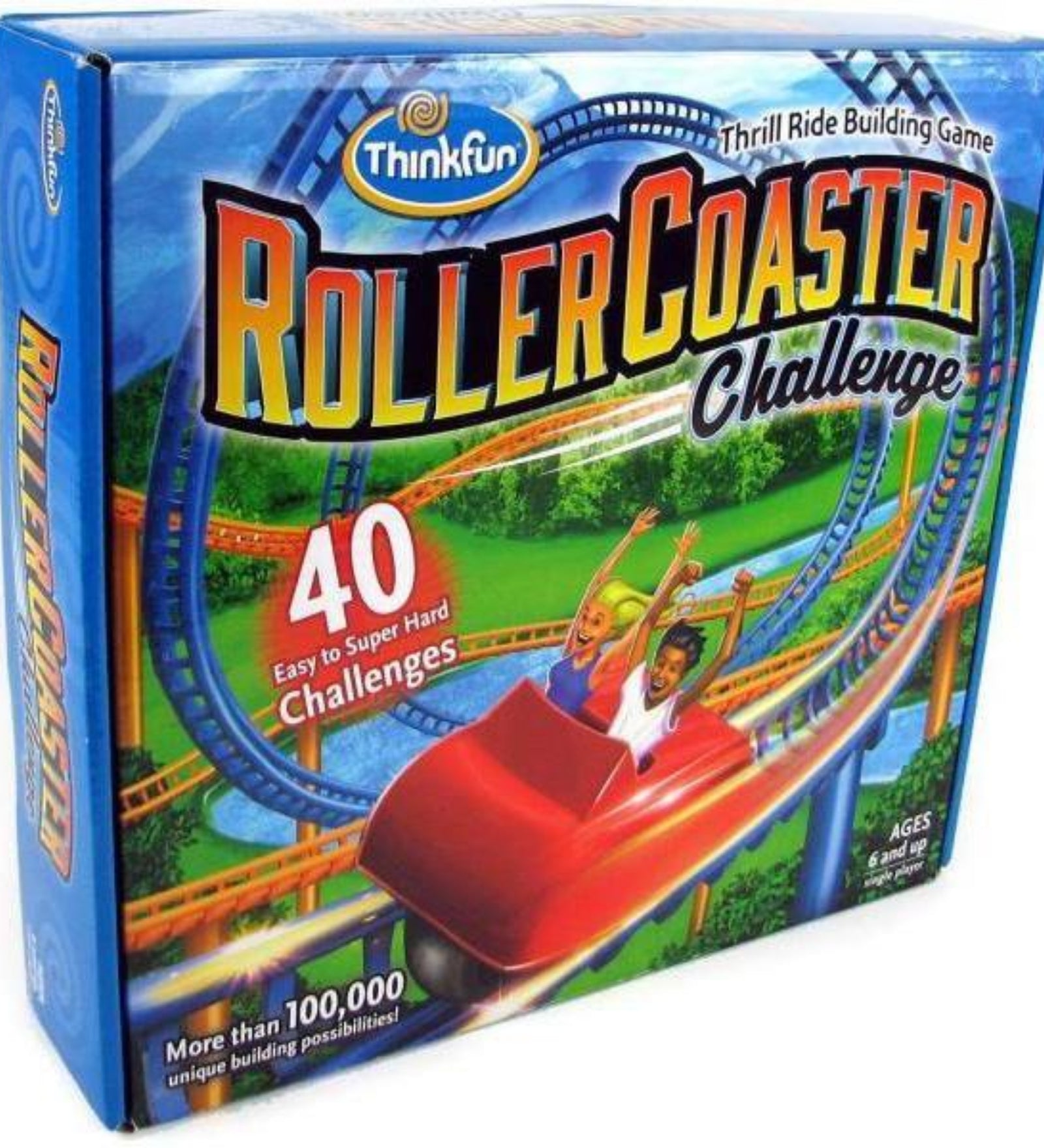 ThinkFun Roller Coaster Challenge logikai játék doboza, illusztrált hullámvasúttal és 40 különböző kihívás jelzésével.