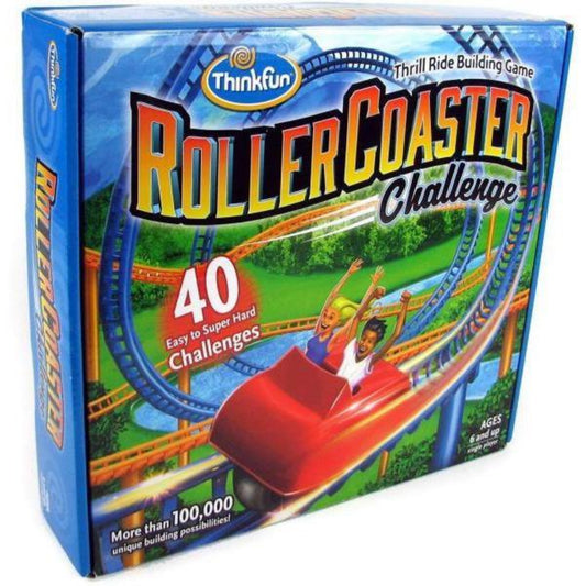 ThinkFun Roller Coaster Challenge logikai játék doboza, illusztrált hullámvasúttal és 40 különböző kihívás jelzésével.
