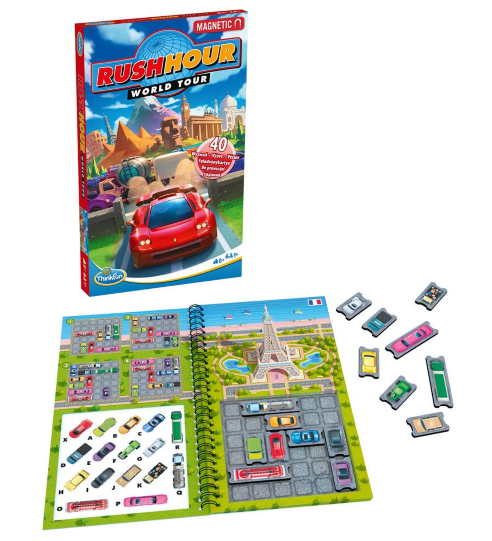 Thinkfun Rush Hour World Tour játék doboza és nyitott mágneses füzet pályával, Eiffel-torony illusztrációval és kivehető autófigurákkal.