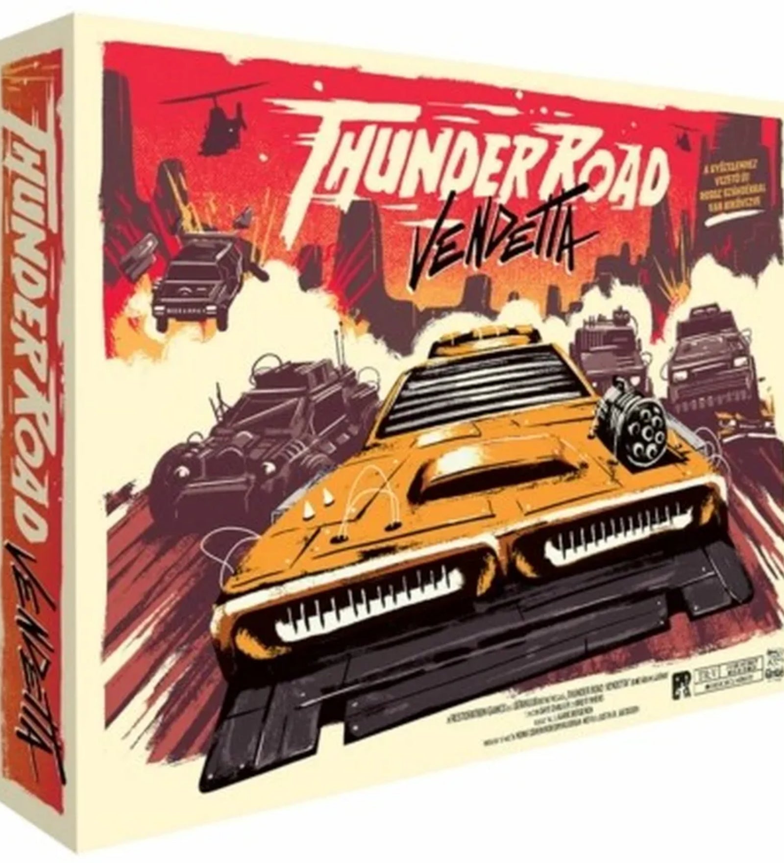 A Thunder Road: Vendetta társasjáték doboza, amelyen sivatagi autós üldözés látható páncélozott járművekkel és helikopterekkel.”