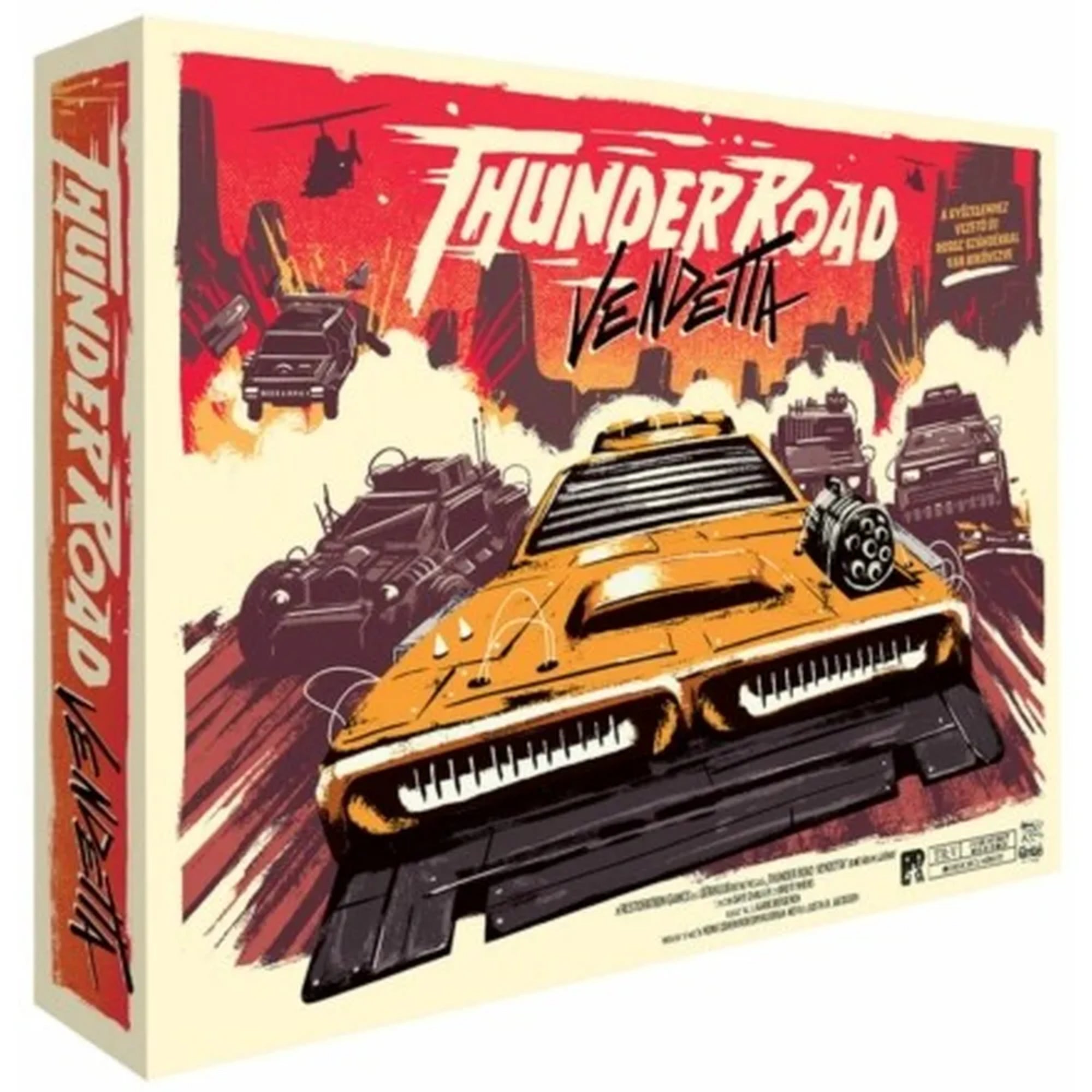 A Thunder Road: Vendetta társasjáték doboza, amelyen sivatagi autós üldözés látható páncélozott járművekkel és helikopterekkel.”