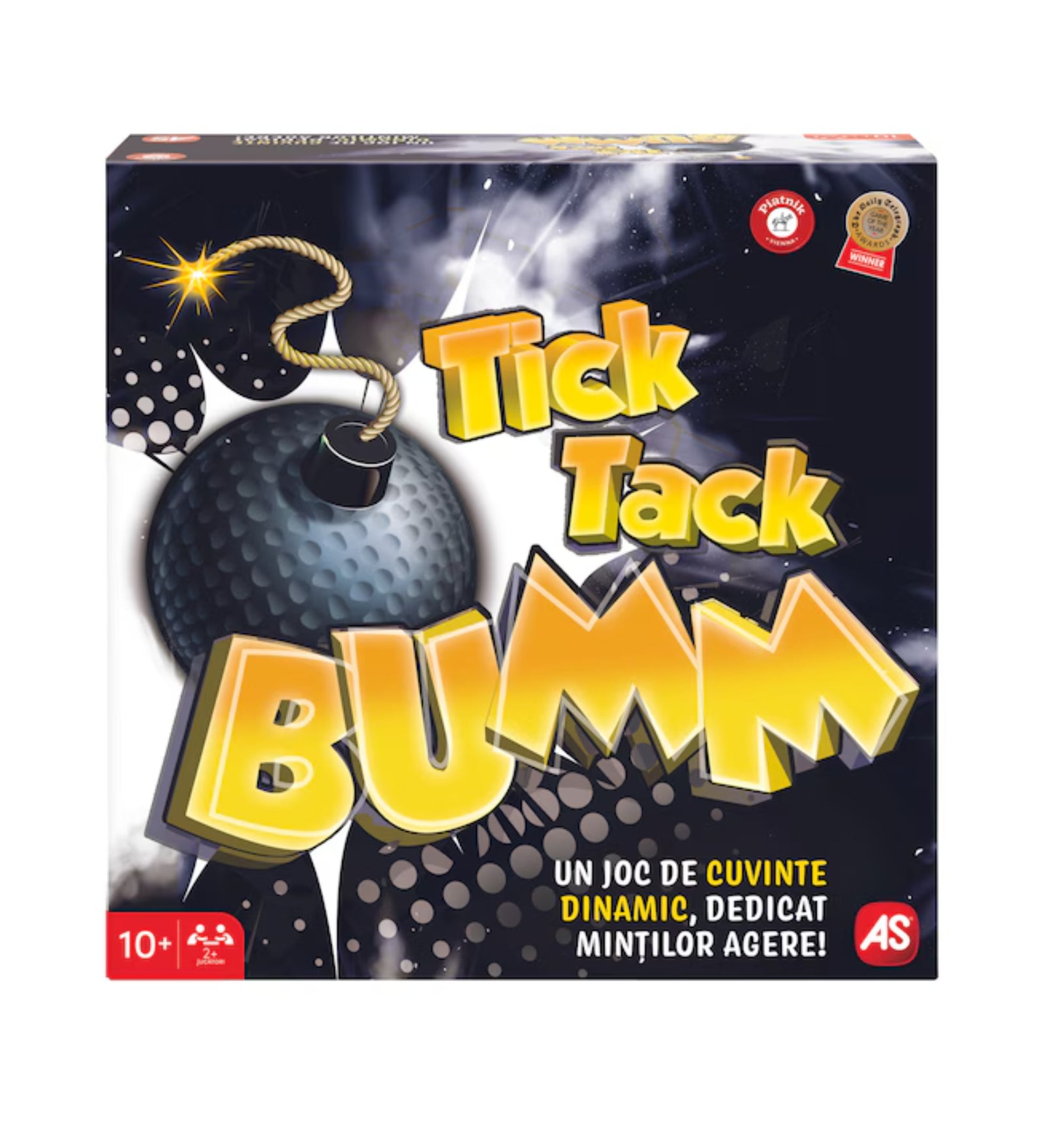 A Tick Tack Bumm társasjáték doboza látványos fekete-sárga dizájnnal, középen egy rajzolt bomba motívummal és a játék logójával, amely dinamizmust sugall.