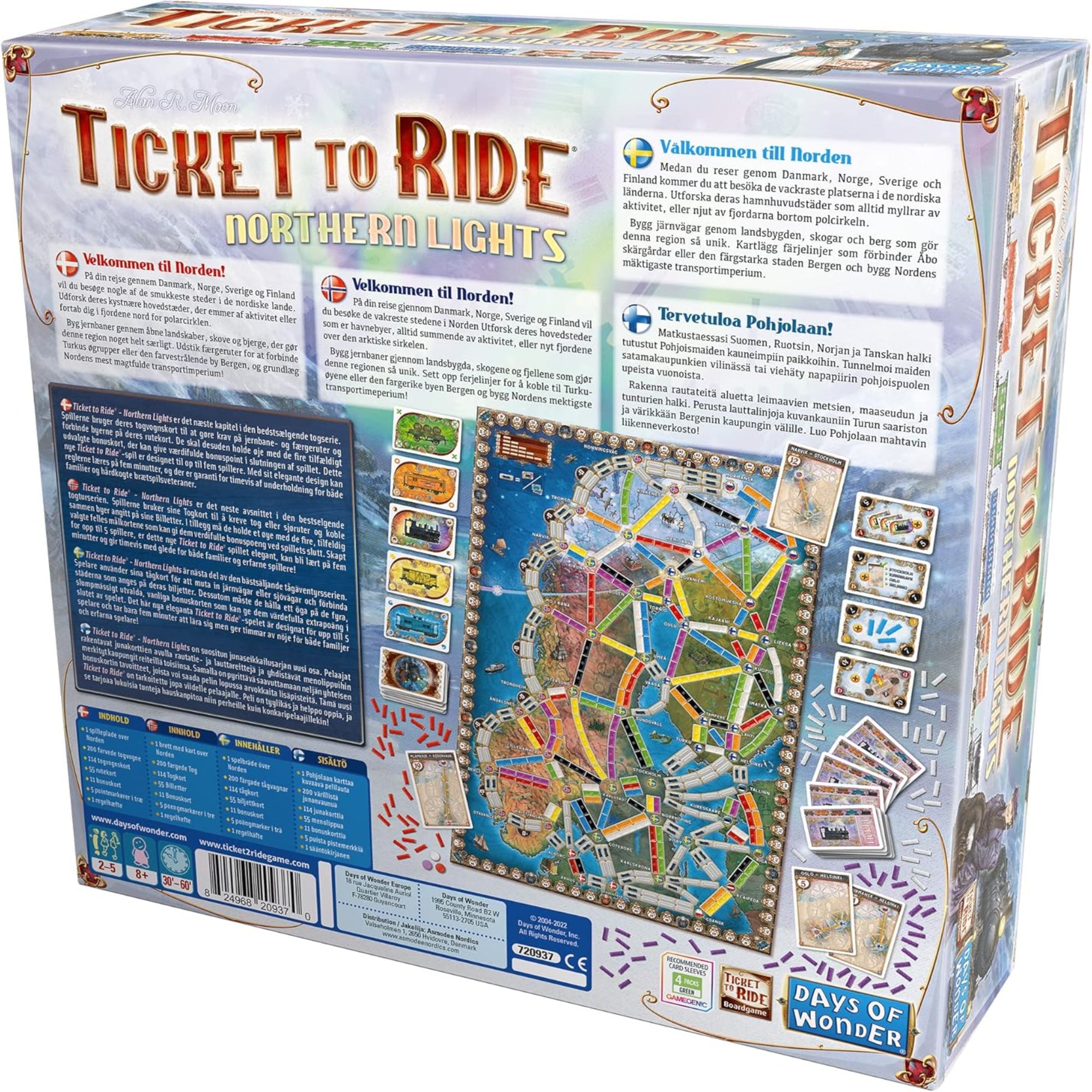 A Ticket to Ride: Northern Lights doboz hátoldala, a játéktábla, kártyák és szabályok bemutatásával.