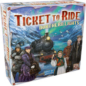 A Ticket to Ride: Northern Lights doboza, rajta gőzmozdony és utasok havas, északi tájon az aurora borealis alatt.