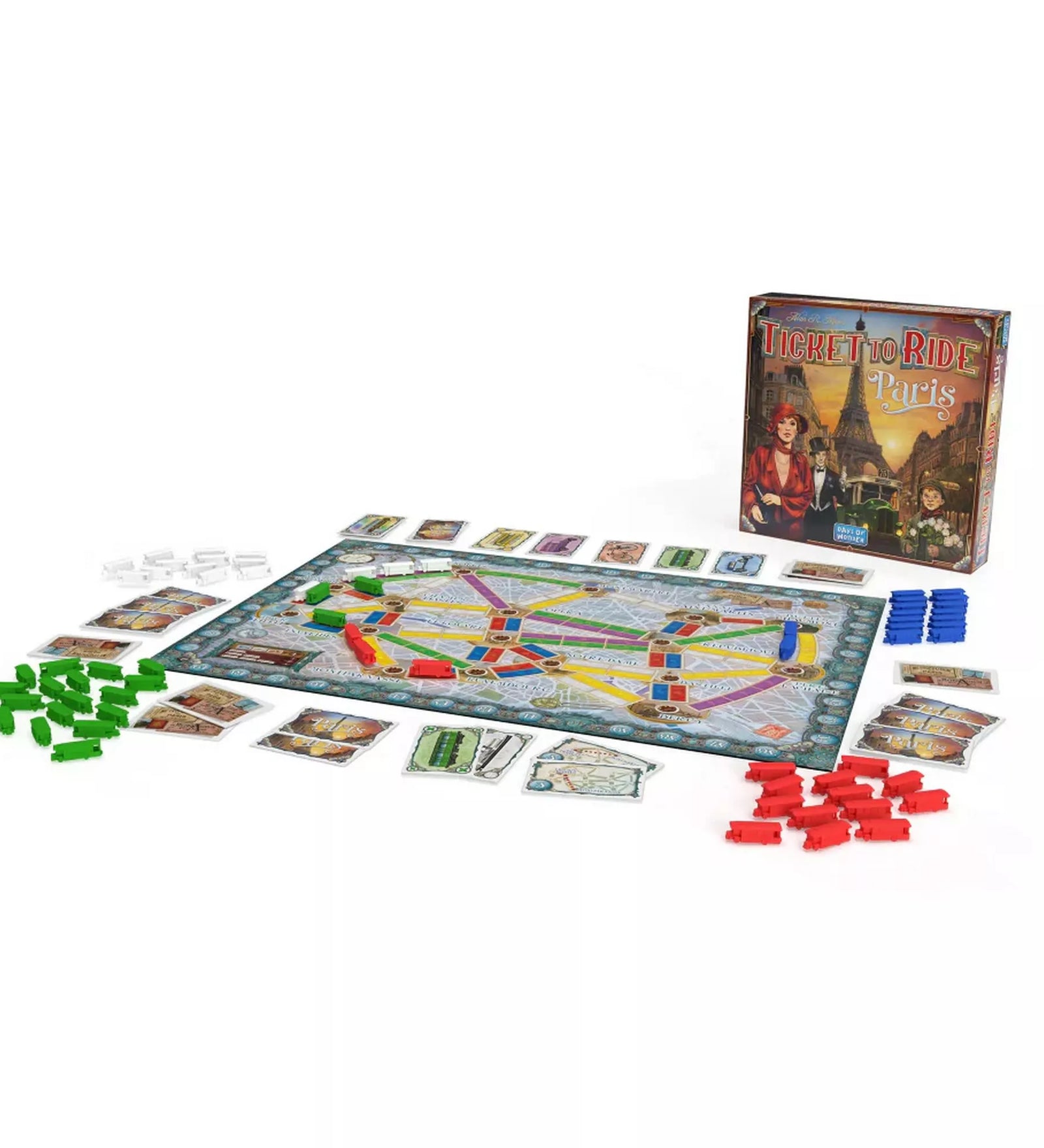 A Ticket to Ride: Paris társasjáték teljes készlete: tábla, kártyák, buszfigurák és doboz együtt.