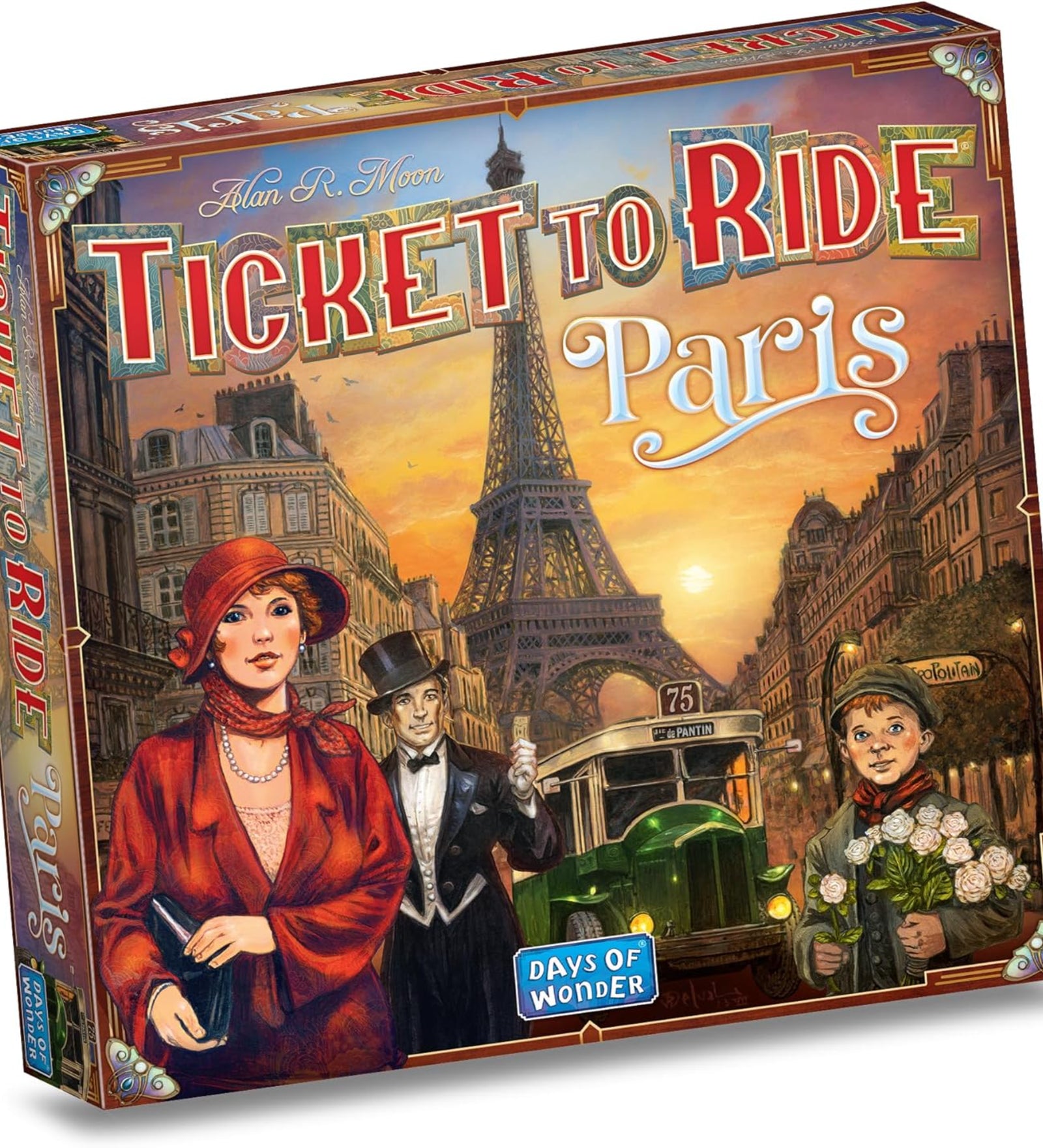 A Ticket to Ride: Paris doboza, rajta az Eiffel-torony és korhű párizsi szereplők naplementében.