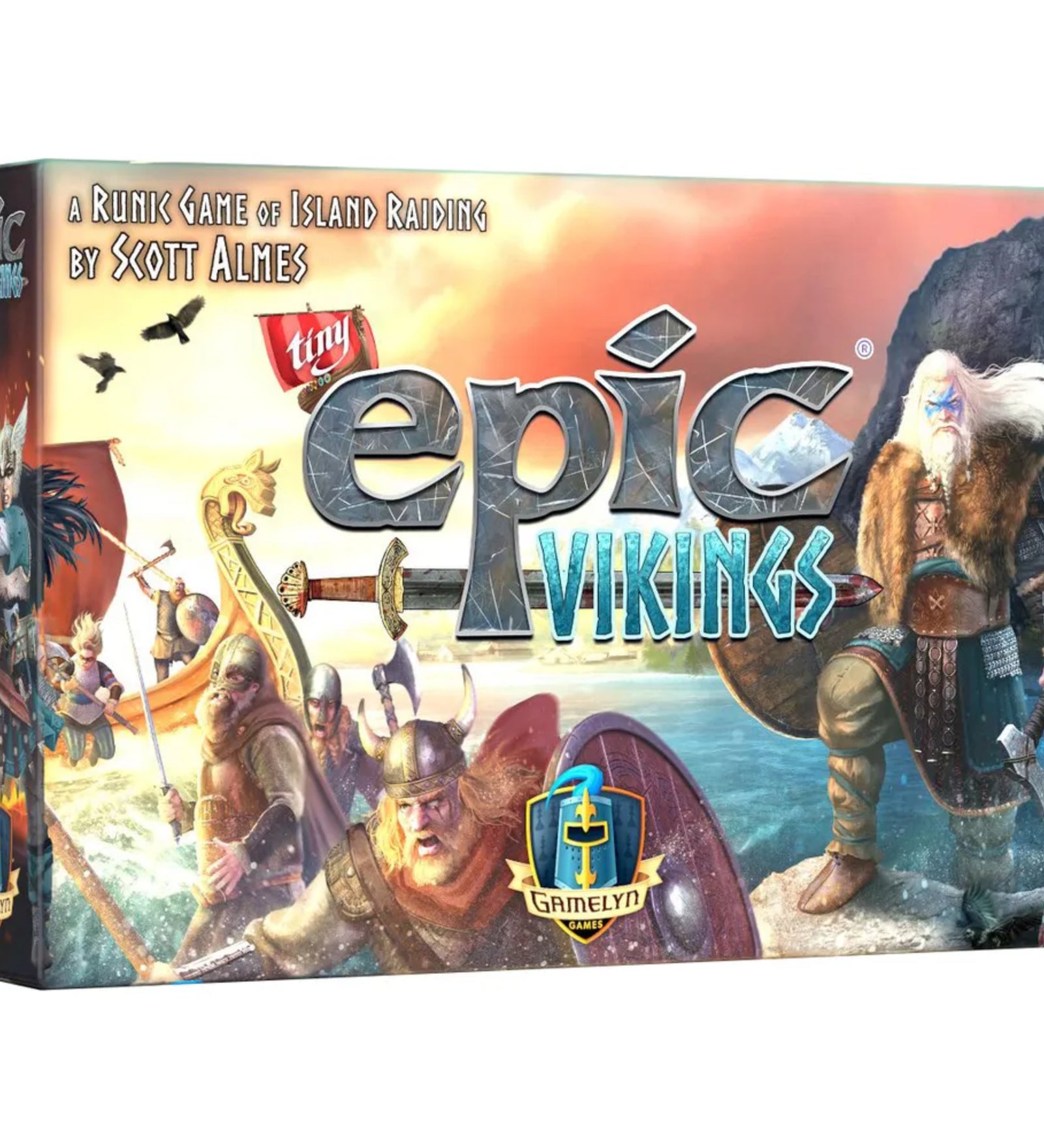  A Tiny Epic Vikings társasjáték doboza, amelyen harcias vikingek láthatók tengeri csatában, hátul egy havas hegycsúcs és vitorlások, epikus hangulatú illusztrációval.