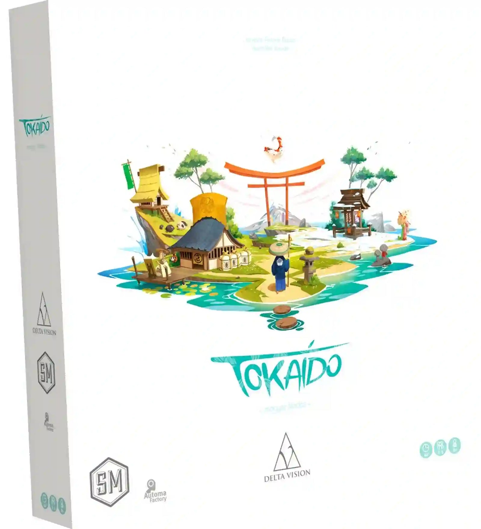 Tokaido társasjáték doboza japán tájképpel, torii kapuval és hagyományos épületekkel.