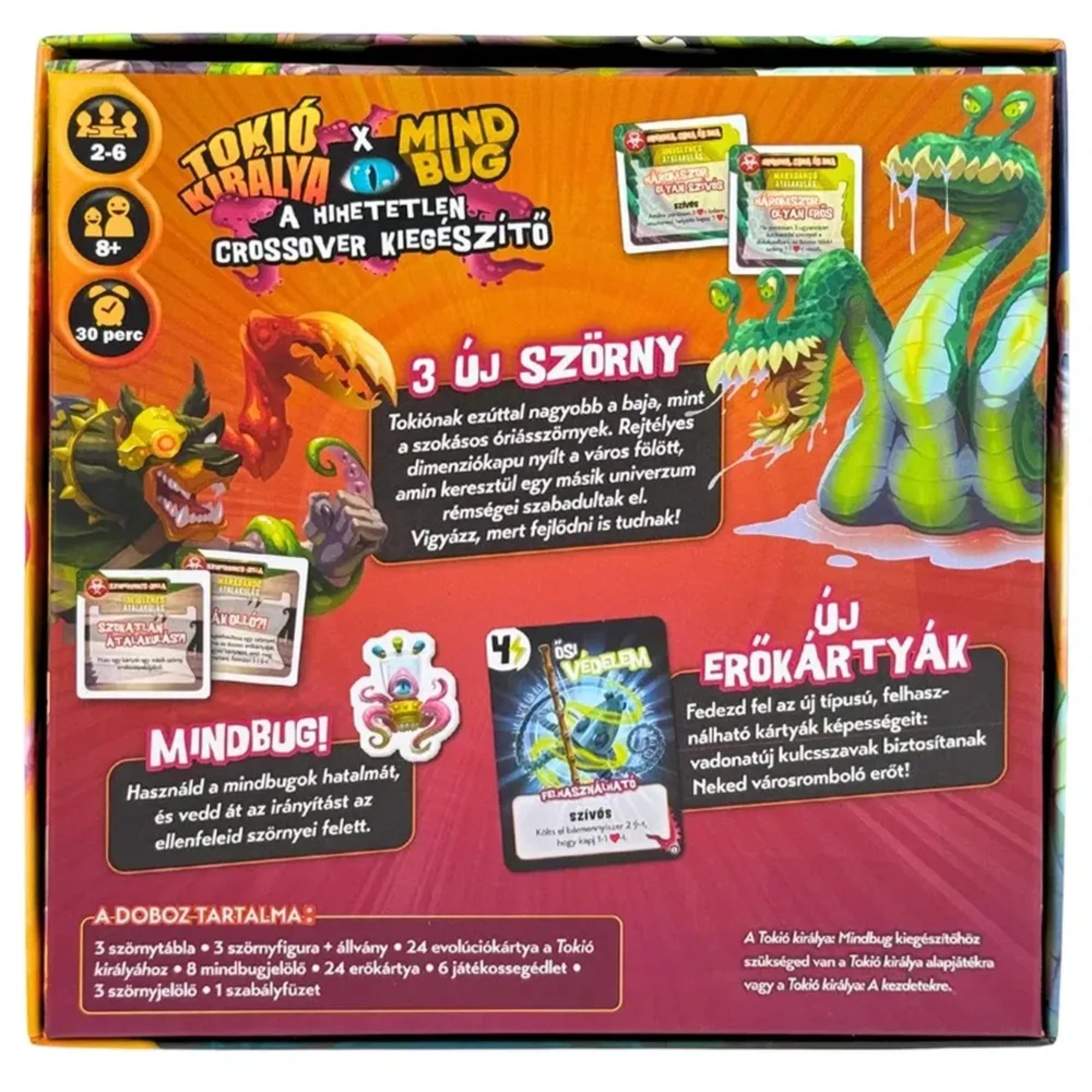 Tokió Királya – Mindbug kiegészítő hátoldala, amely bemutatja a 3 új szörnyet, az új erőkártyákat és a crossover játékelemeket.