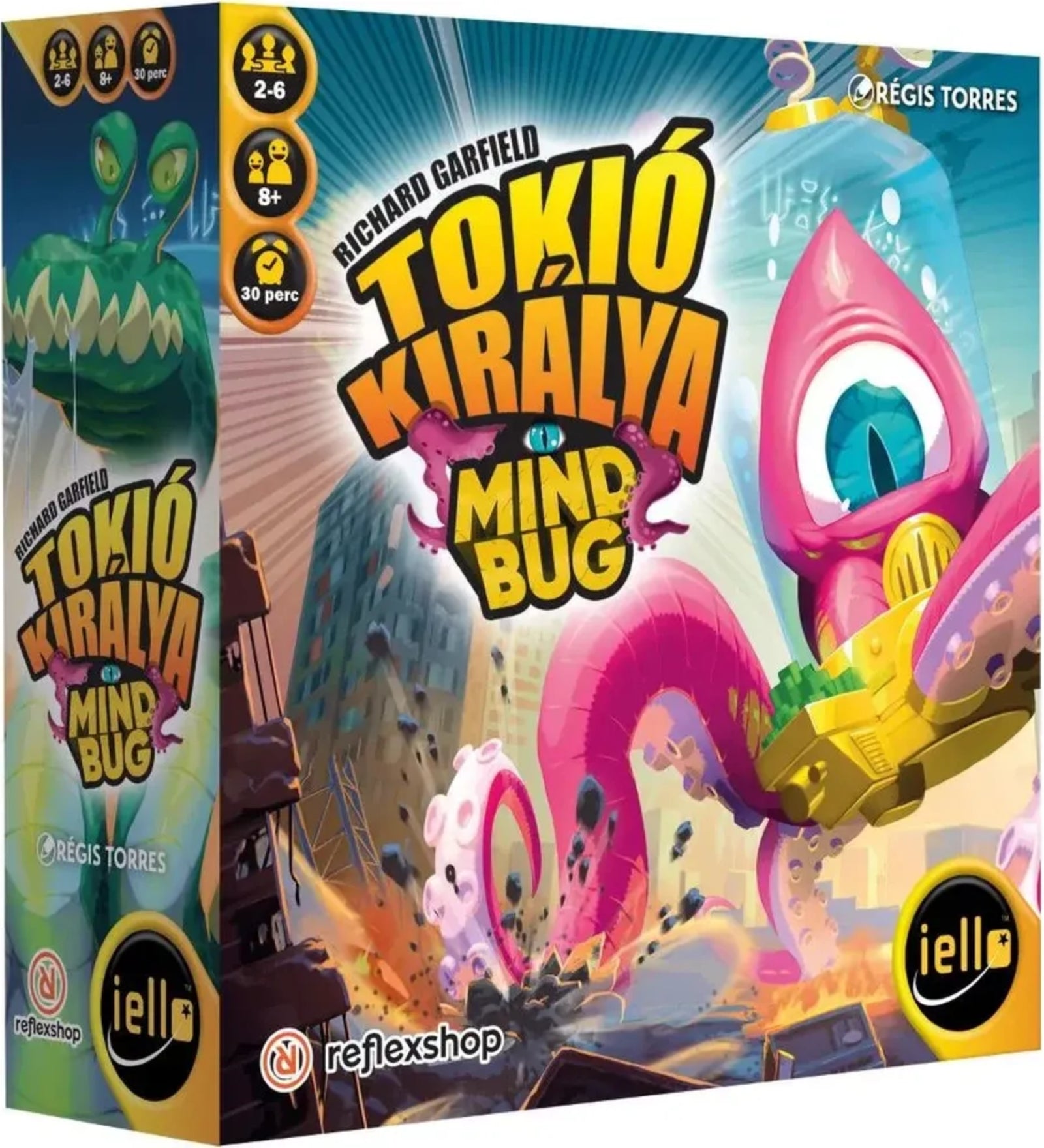 Tokió Királya – Mindbug társasjáték kiegészítő dobozának elölnézete látványos szörnyillusztrációval és játékinformációkkal.