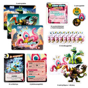 Tokió Királya – Mindbug kiegészítő doboztartalma: szörnytáblák, evolúciókártyák, erőkártyák, jelölők és 3 szörnyfigura állvánnyal.