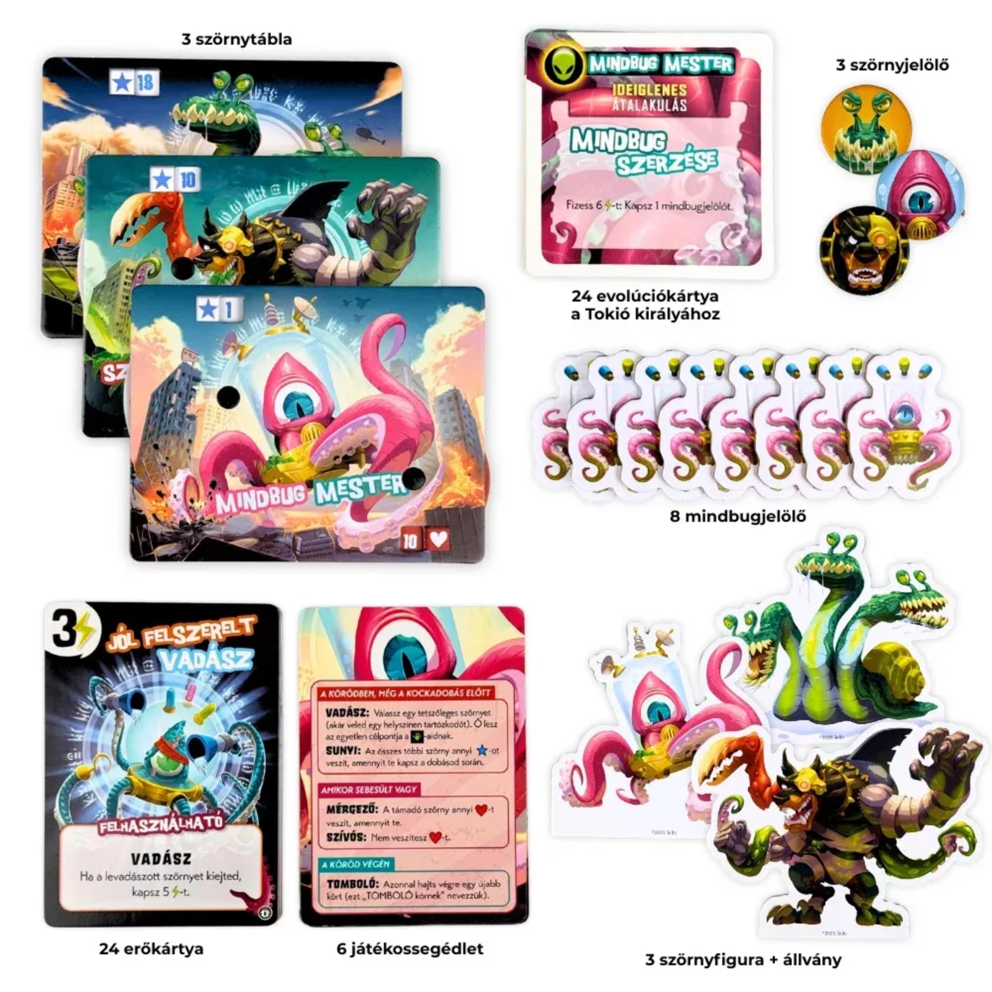 Tokió Királya – Mindbug kiegészítő doboztartalma: szörnytáblák, evolúciókártyák, erőkártyák, jelölők és 3 szörnyfigura állvánnyal.