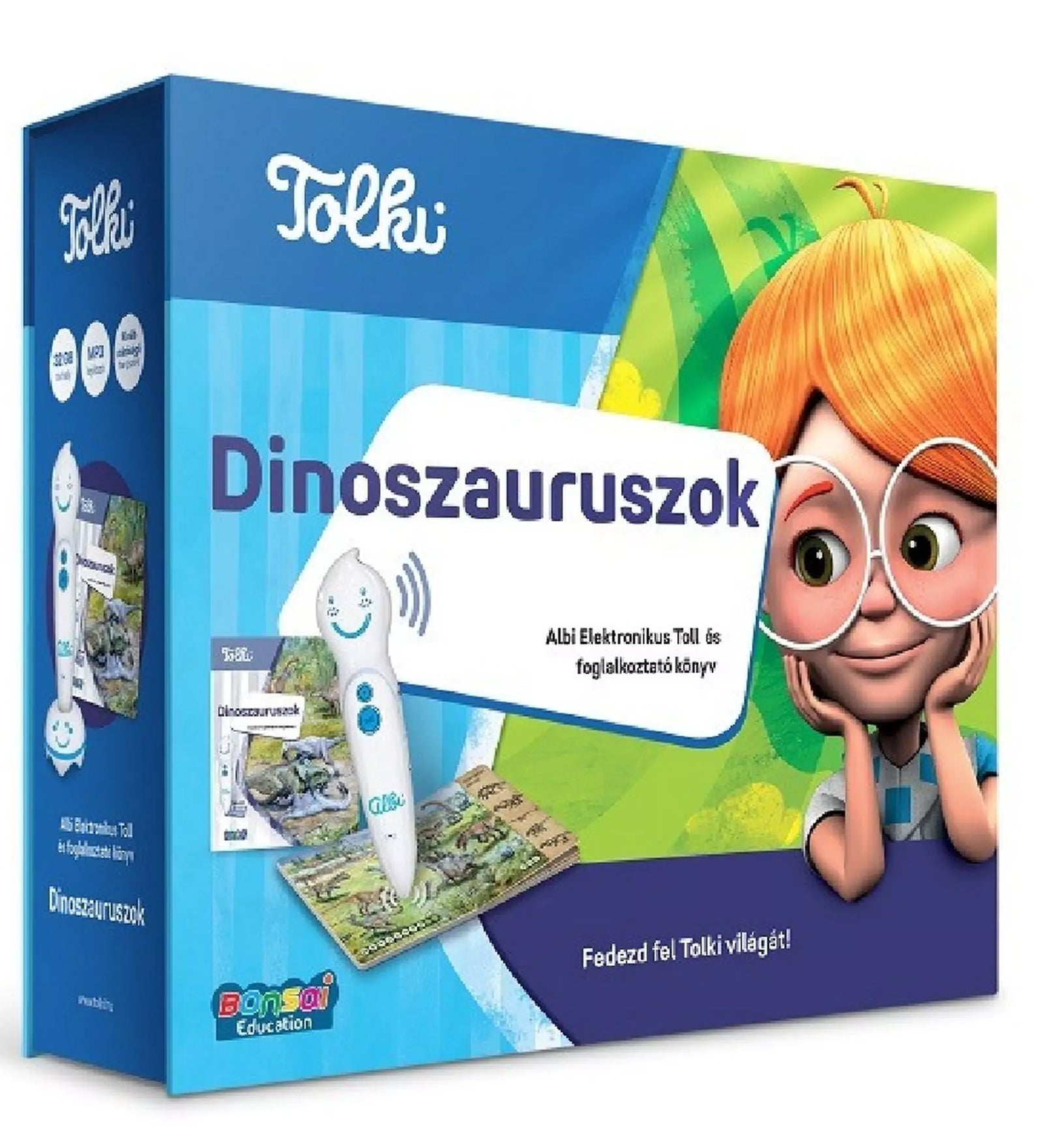 A Tolki – Dinoszauruszok szett doboza, benne a Tolki elektronikus toll, egy dinoszauruszos foglalkoztató könyv és egy szemüveges rajzfilmfigura a jobb oldalon.