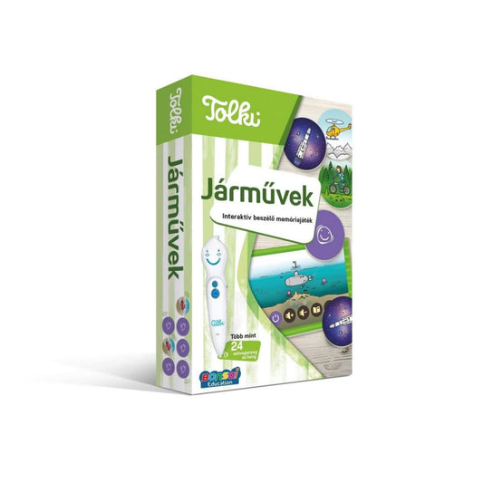 Tolki Járművek interaktív beszélő memóriajáték doboz, különböző járművek képeivel és hangot adó tollal a csomagoláson.