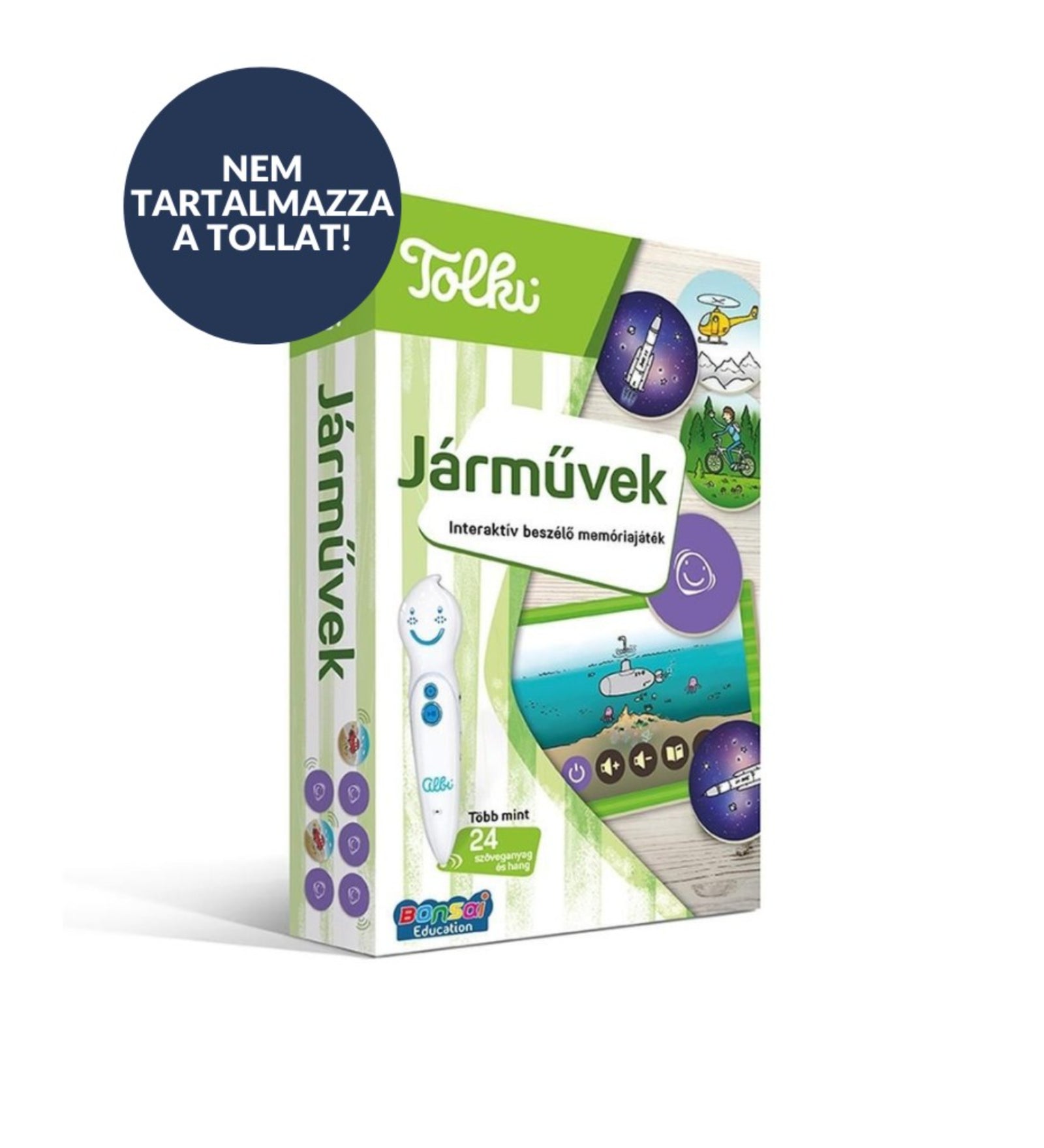 Tolki Járművek interaktív memóriajáték doboz „Nem tartalmazza a tollat” felirattal, járműves illusztrációkkal.