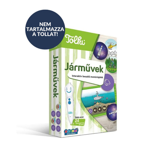 Tolki Járművek interaktív memóriajáték doboz „Nem tartalmazza a tollat” felirattal, járműves illusztrációkkal.