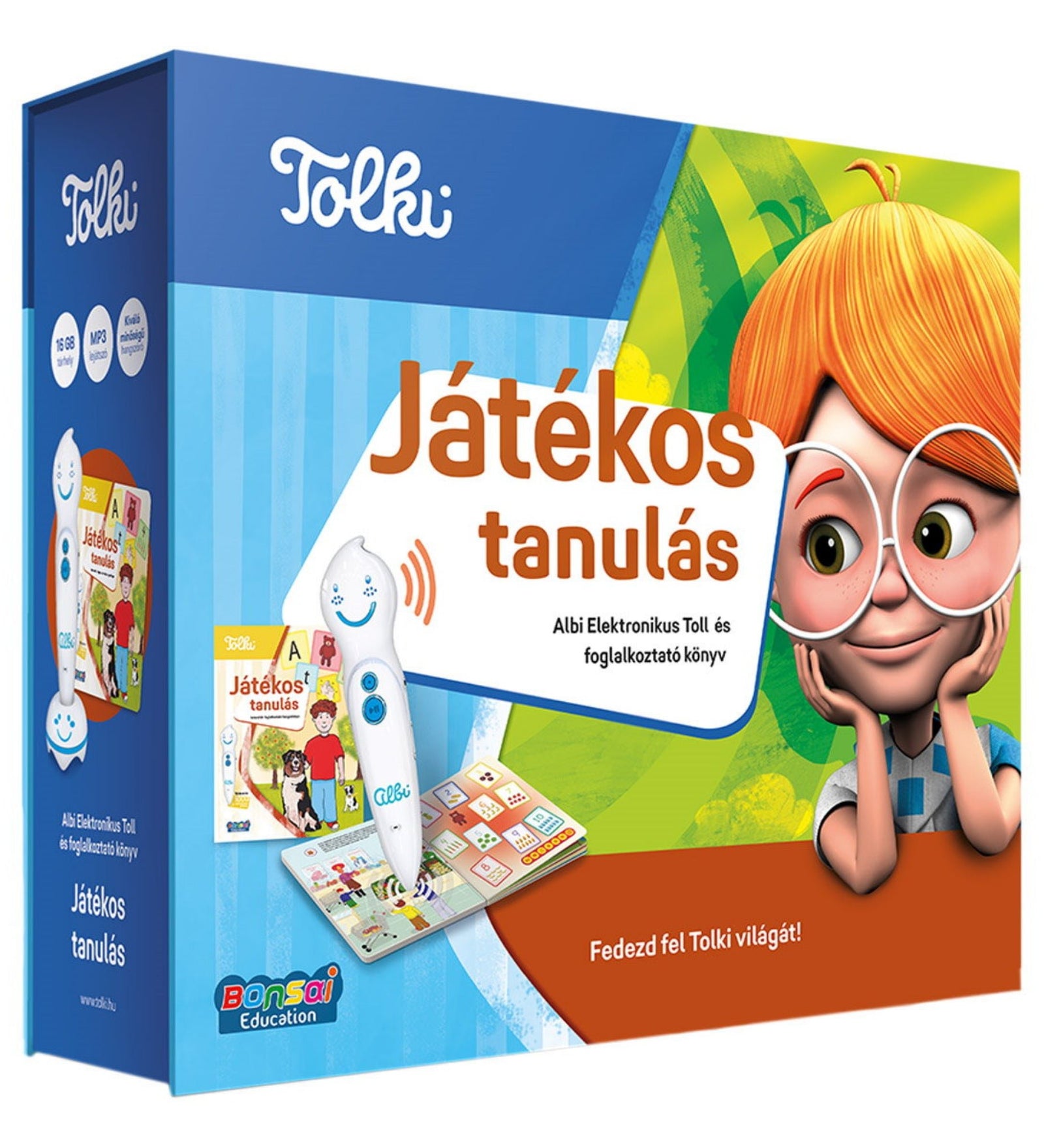 A Tolki Játékos tanulás szett doboza, rajta a mosolygó elektronikus toll, a foglalkoztató könyv és a vörös hajú figura.