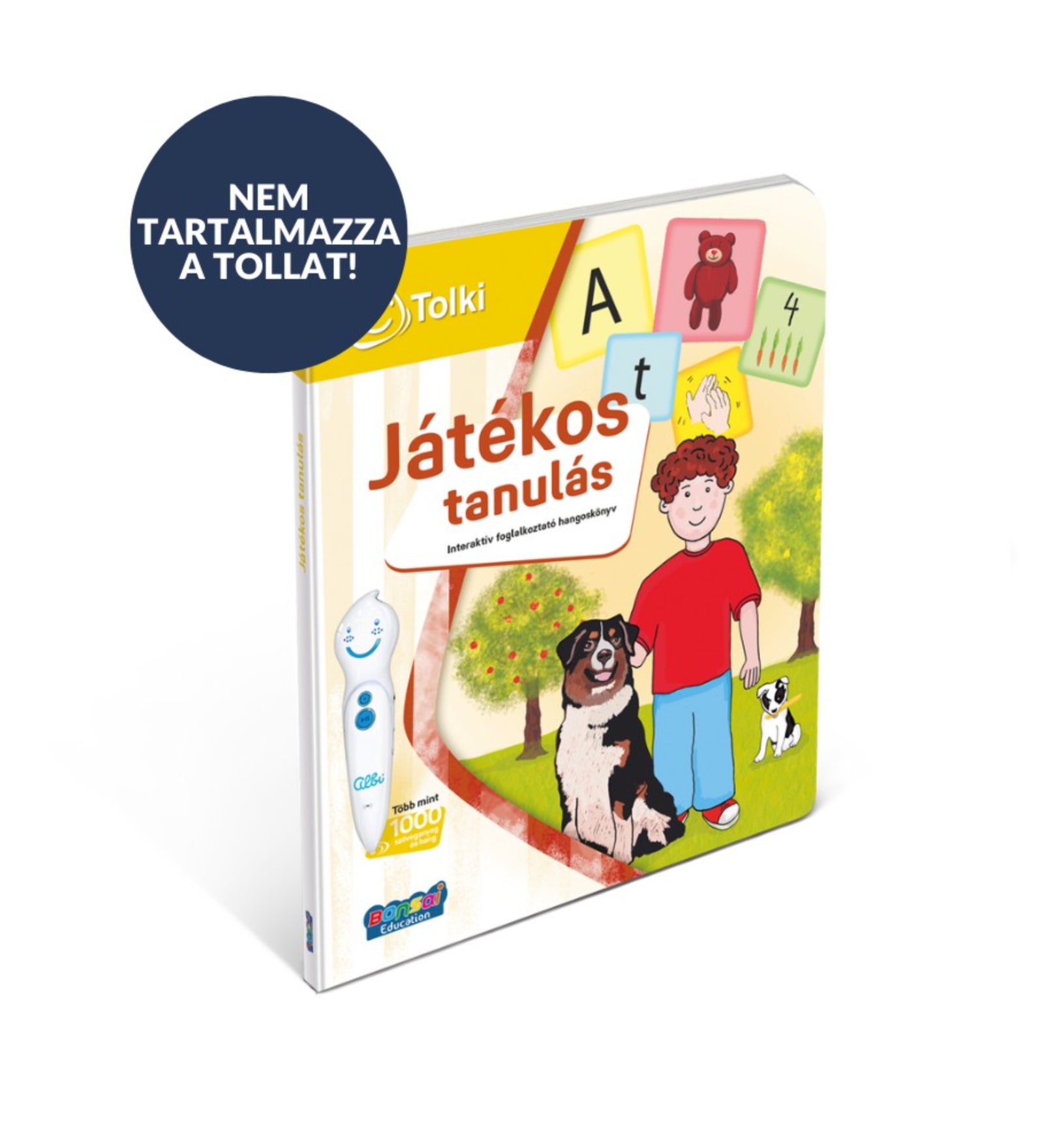 Tolki Játékos tanulás interaktív könyv borító, kisfiú kutyákkal és betűkártyákkal, valamint „Nem tartalmazza a tollat” felirat a képen.