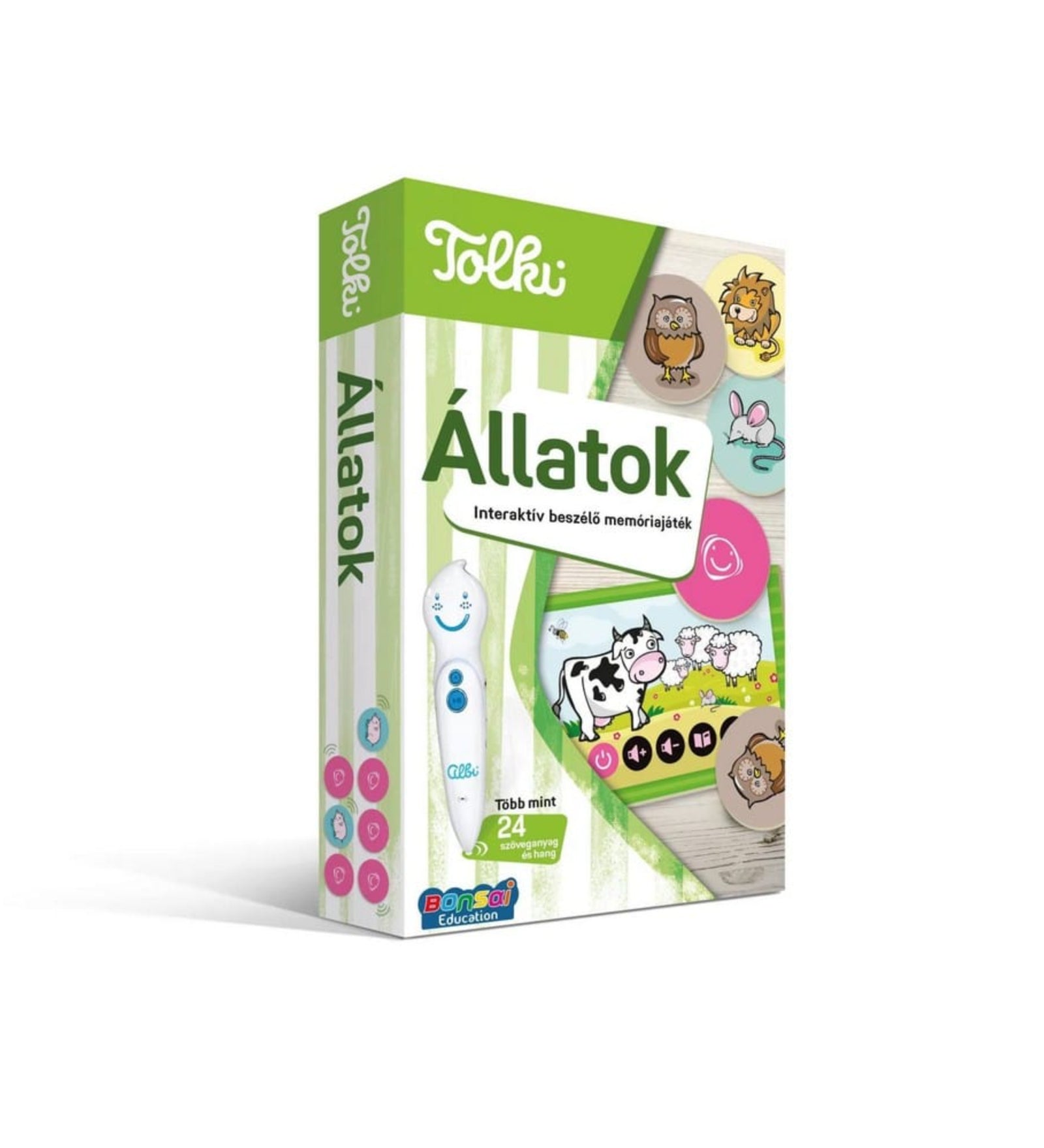 Tolki Állatok interaktív beszélő memóriajáték doboz, állatok képeivel és hangot adó tollal a csomagoláson.