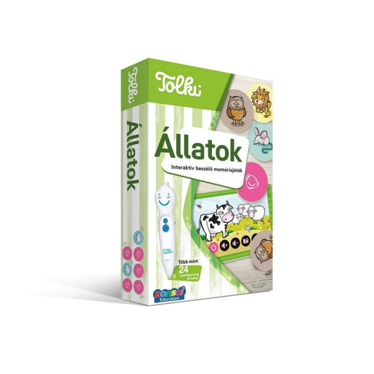 Tolki Állatok interaktív beszélő memóriajáték doboz, állatok képeivel és hangot adó tollal a csomagoláson.