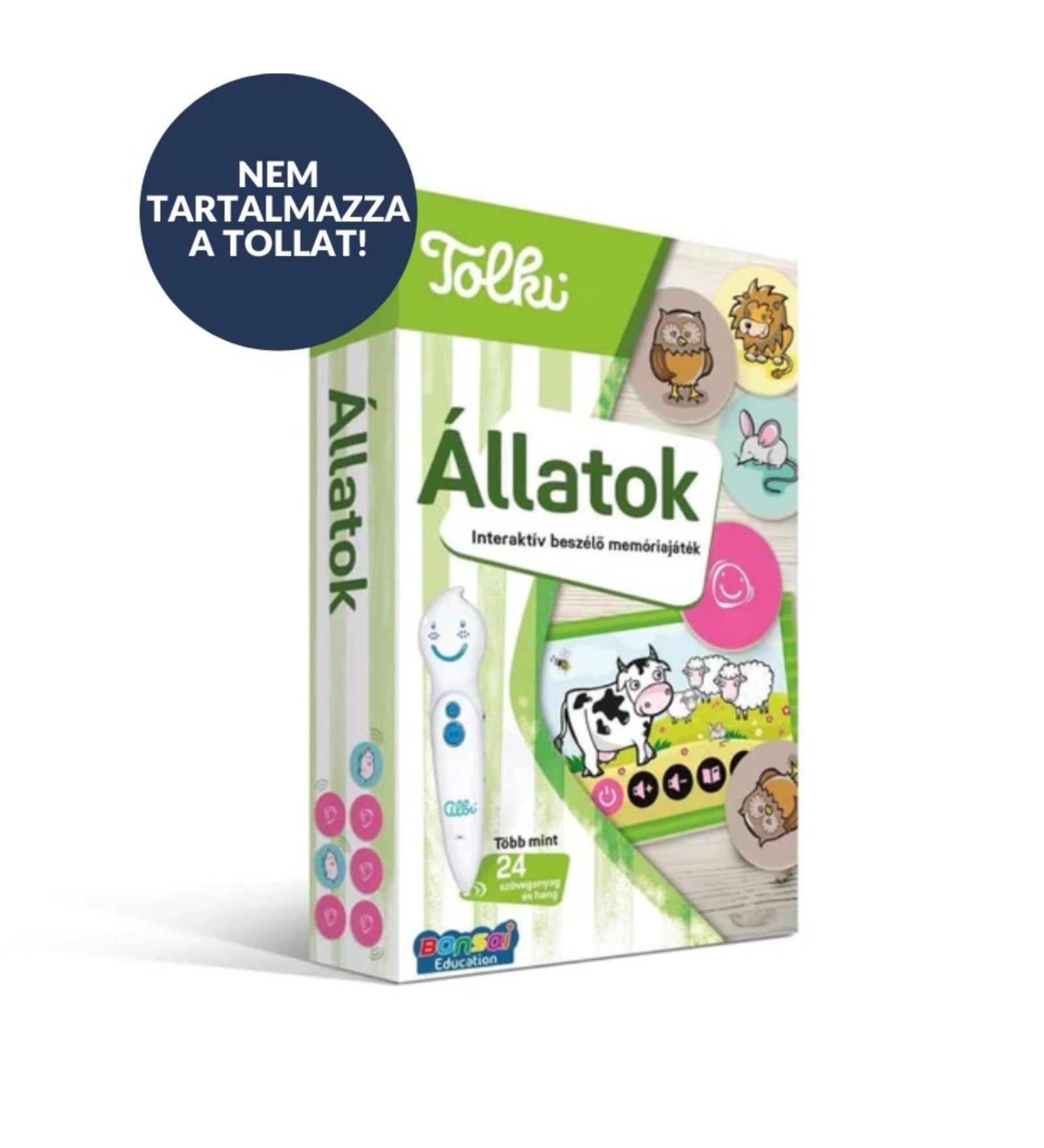 Tolki Állatok interaktív játék doboz „Nem tartalmazza a tollat” felirattal, állatos grafikákkal a borítón.