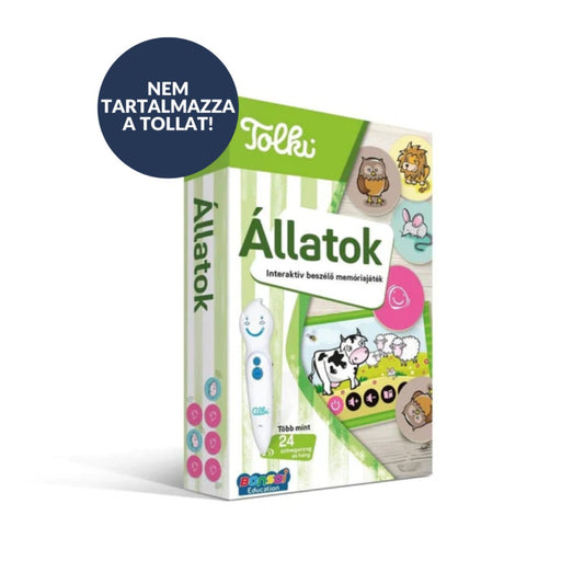 Tolki Állatok interaktív játék doboz „Nem tartalmazza a tollat” felirattal, állatos grafikákkal a borítón.