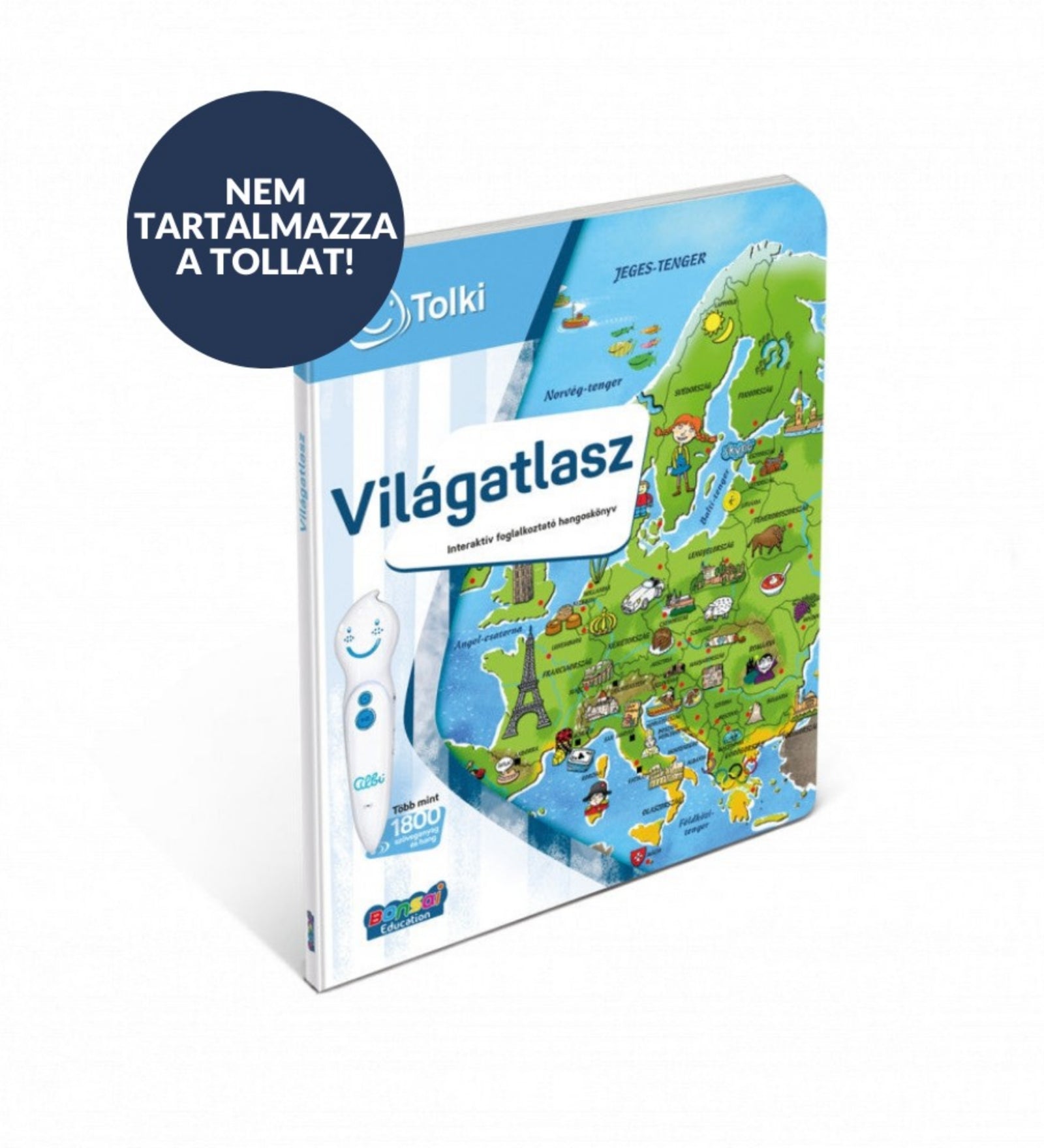 A Tolki – Állatok világa interaktív foglalkoztató könyv borítója, dzsungelmotívummal, különféle állatokkal, például jaguárral, vaddisznóval és majommal, "Nem tartalmazza a tollat!" felirattal.