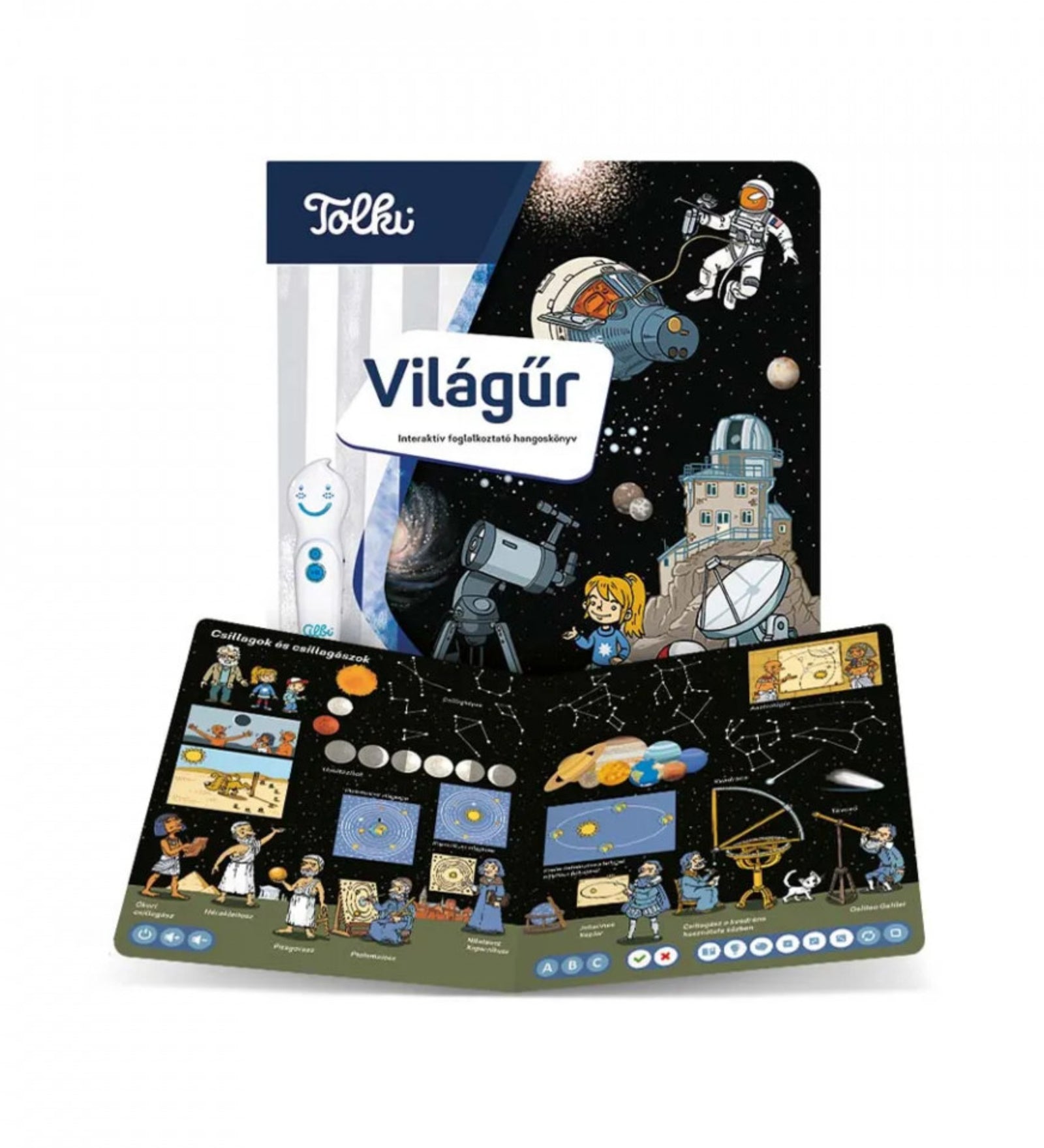 Tolki Világűr interaktív foglalkoztató könyv nyitott állapotban, csillagok, bolygók és csillagképek bemutatásával, oktató jellegű illusztrációkkal.