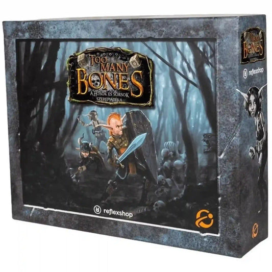 A Too Many Bones – A hősök és sorsok szerepjátéka társasjáték doboza látható, amely sötét fantasy hangulatú erdőben kalandozó hősöket ábrázol. A borító a játék epikus kalandjait és taktikai szerepjátékos világát idézi meg