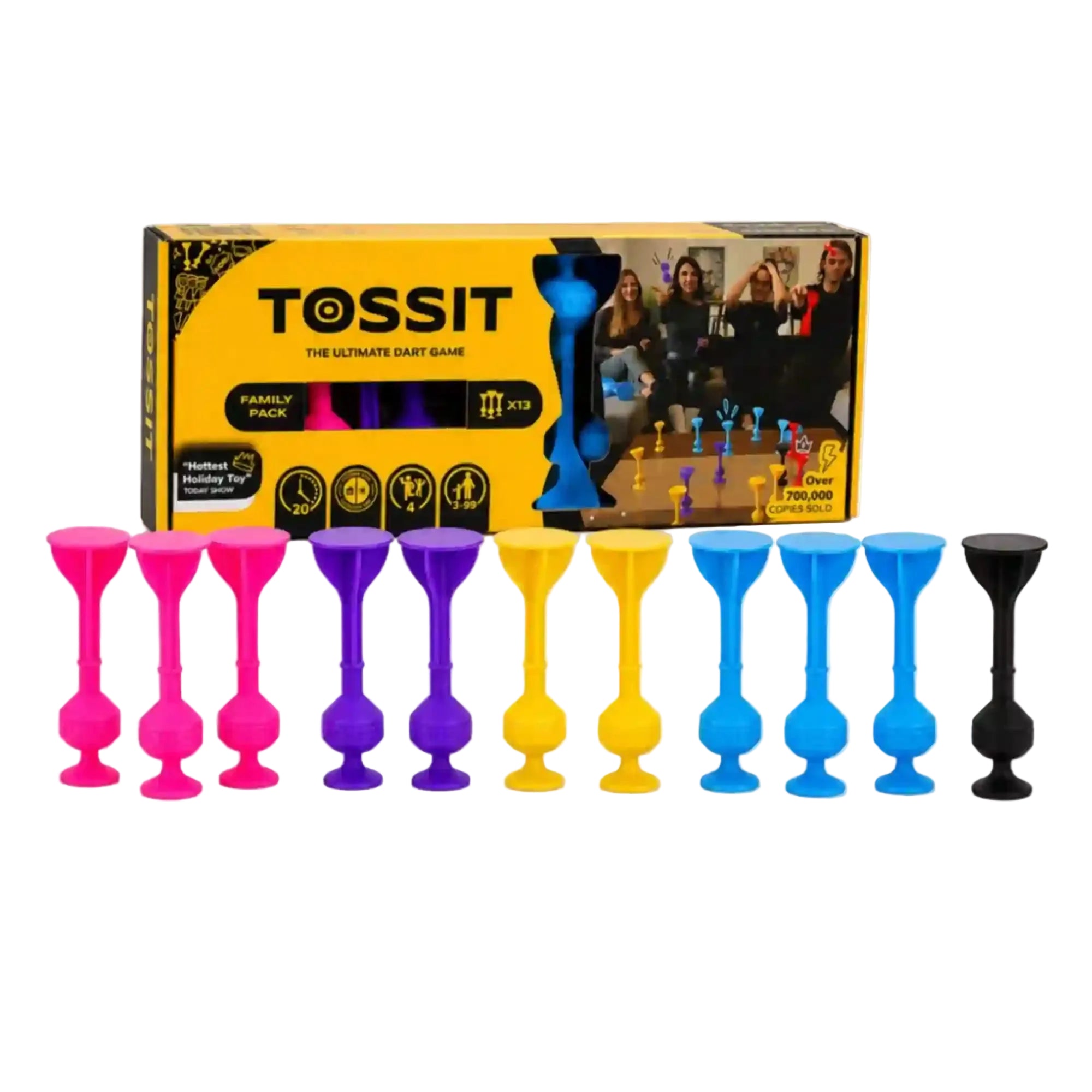 Tossit Family Pack szilikon tapadókorongos darts játék – pink, lila, sárga és kék Tossit nyilak, fekete Jack célpont és az eredeti sárga-fekete Family Pack doboz